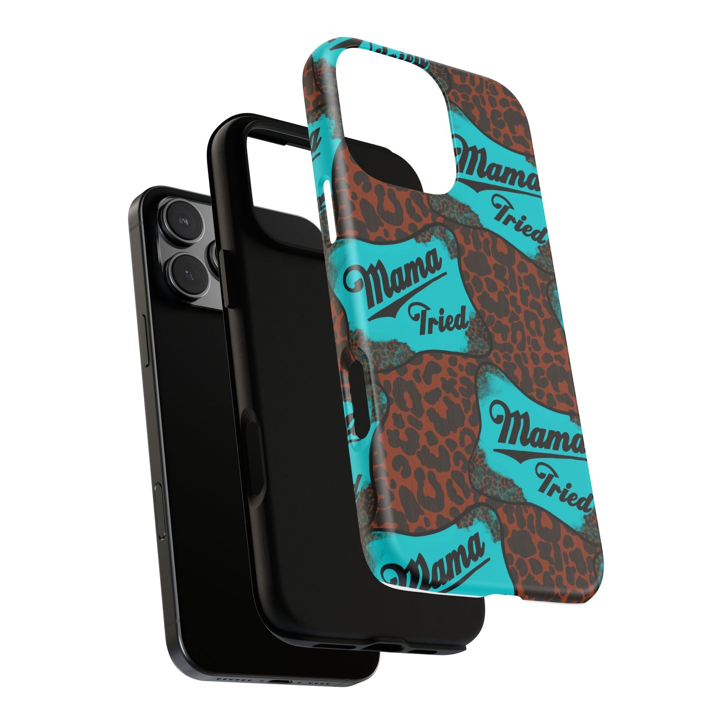 Mama Tried Leopard Print Phone Case — Turquoise Retro Patch Design