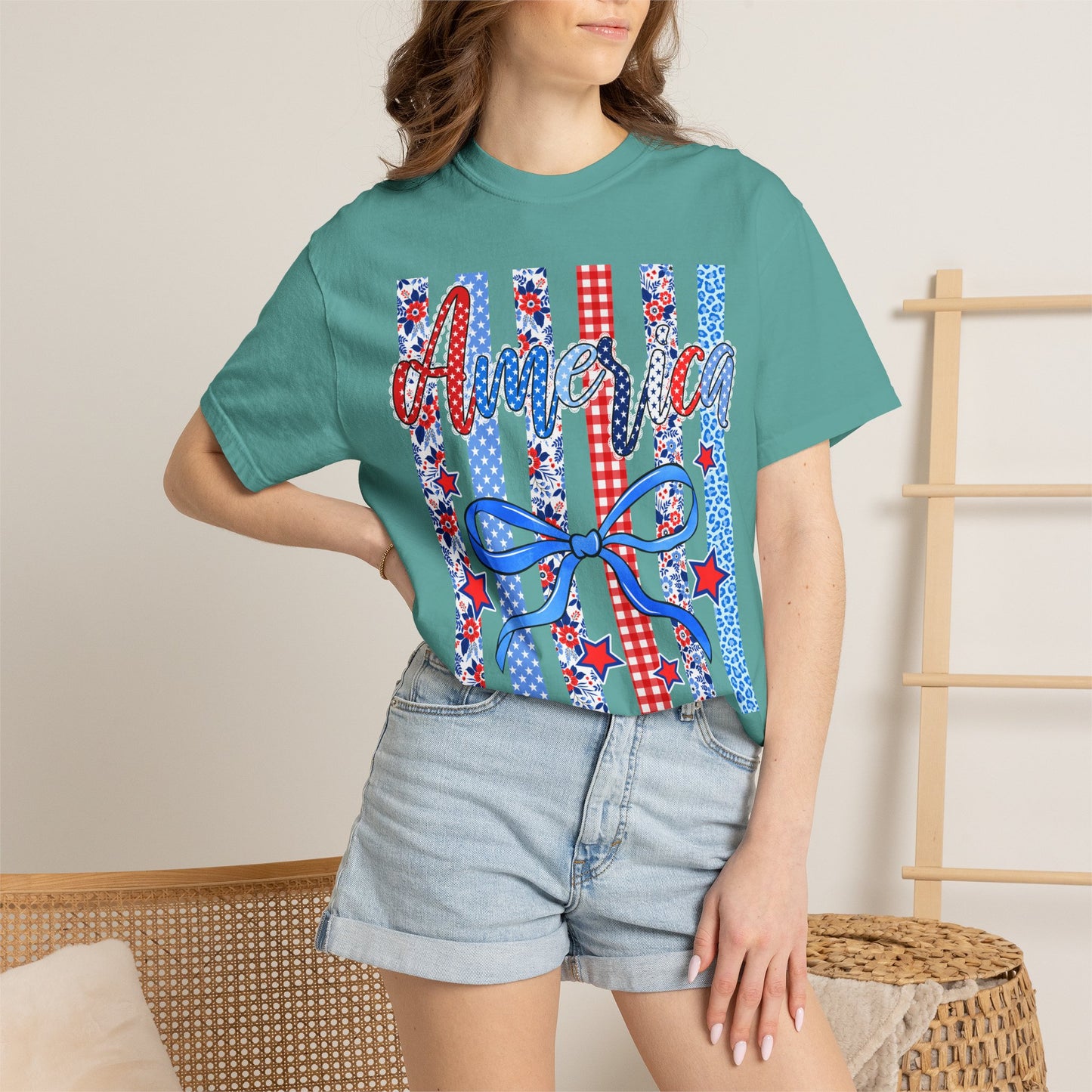 America Patriotic T-Shirt — Red White Blue Stripes & Bow Graphic