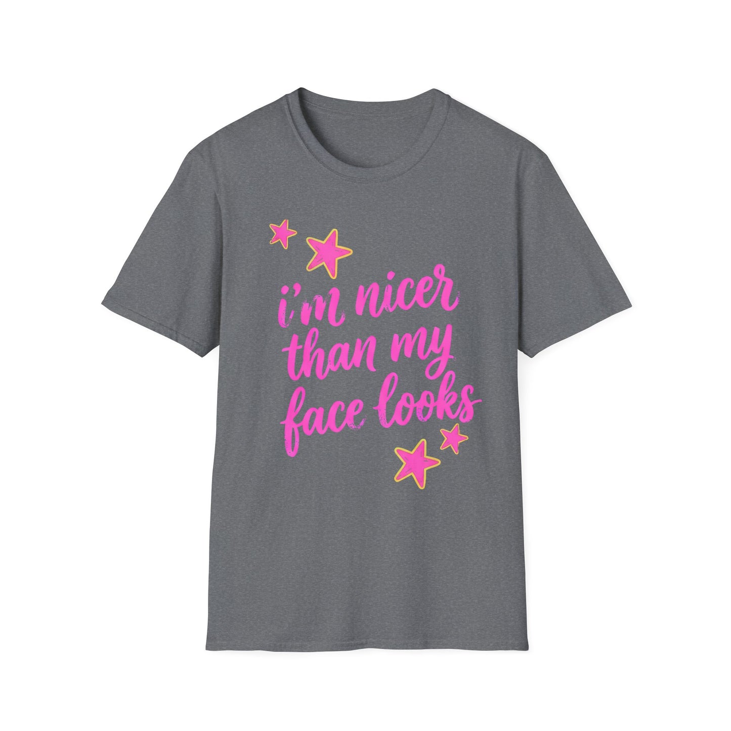 “I’m Nicer Than My Face Looks” Pink Script Graphic Tee