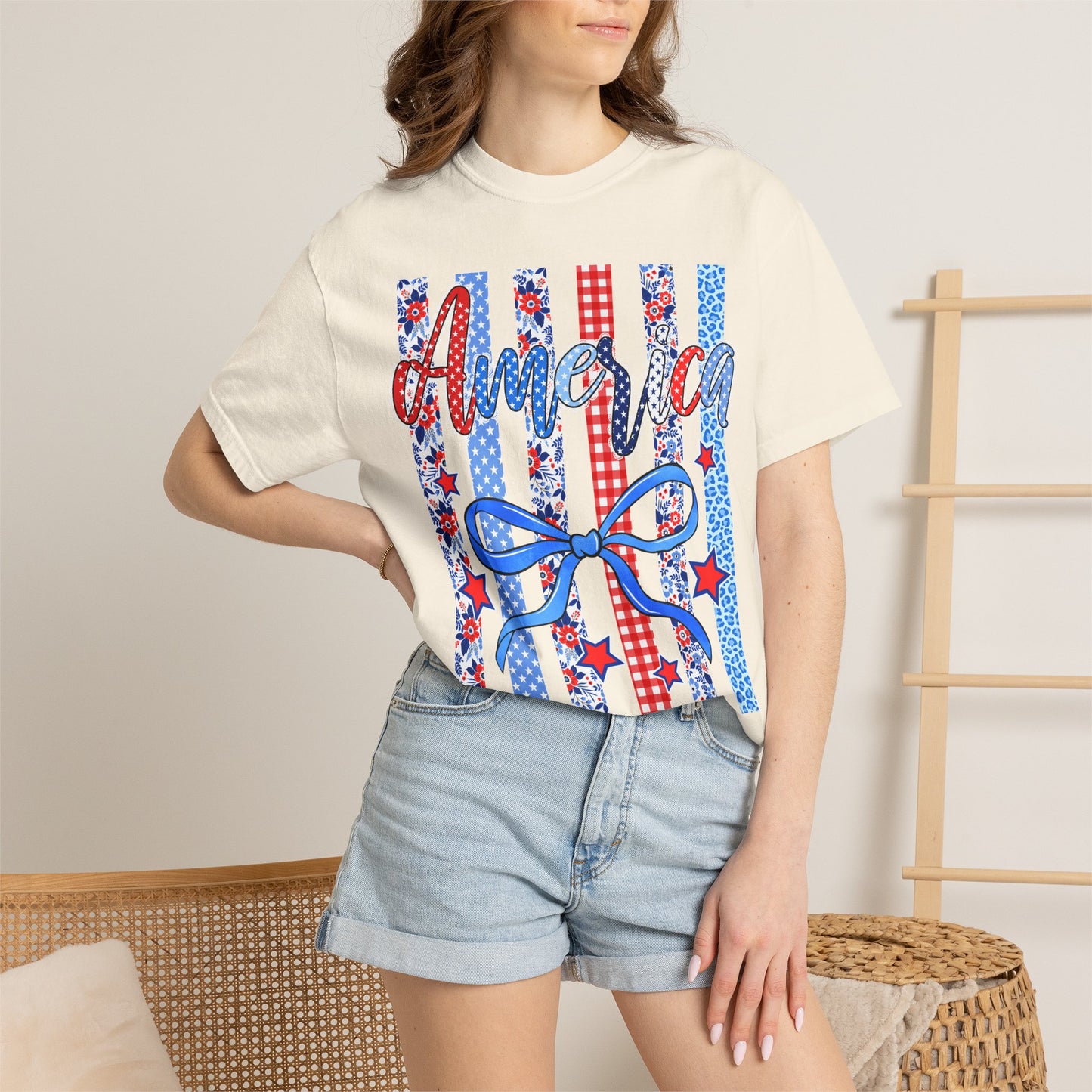 America Patriotic T-Shirt — Red White Blue Stripes & Bow Graphic