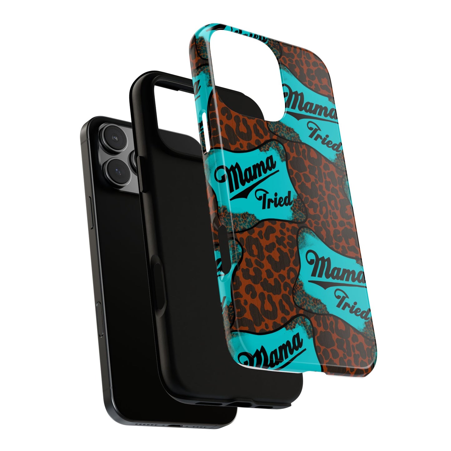 Mama Tried Leopard Print Phone Case — Turquoise Retro Patch Design