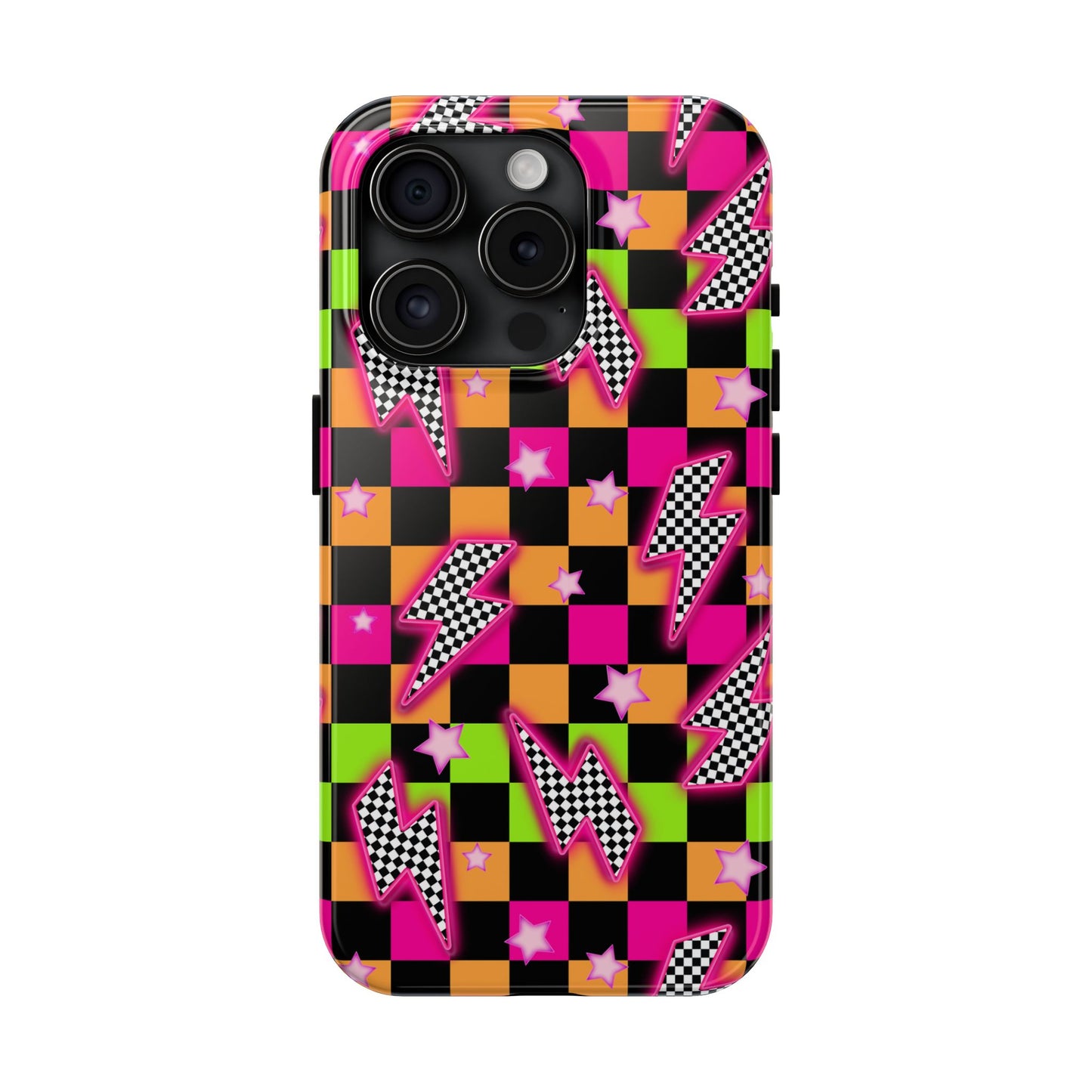Neon Checkerboard Lightning Retro Pattern