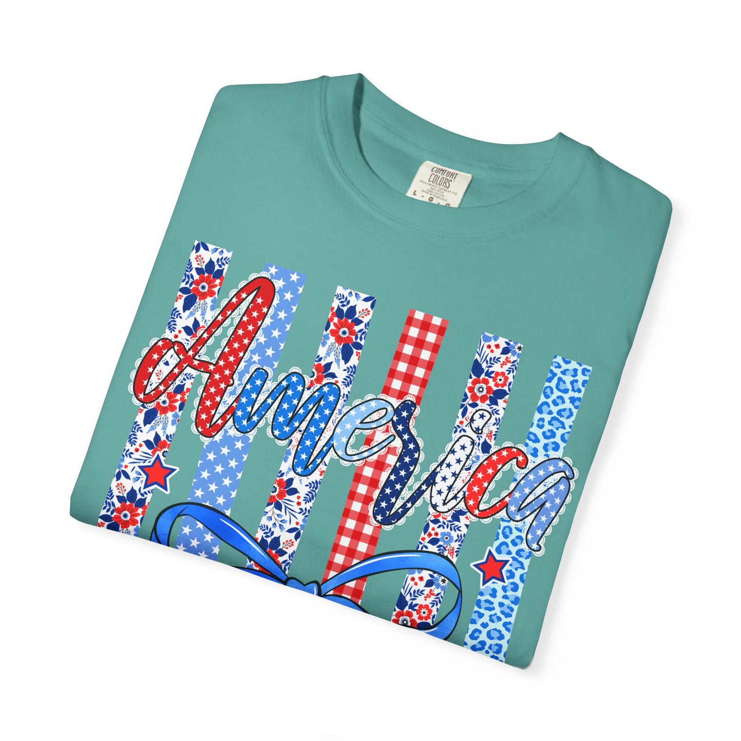 America Patriotic T-Shirt — Red White Blue Stripes & Bow Graphic