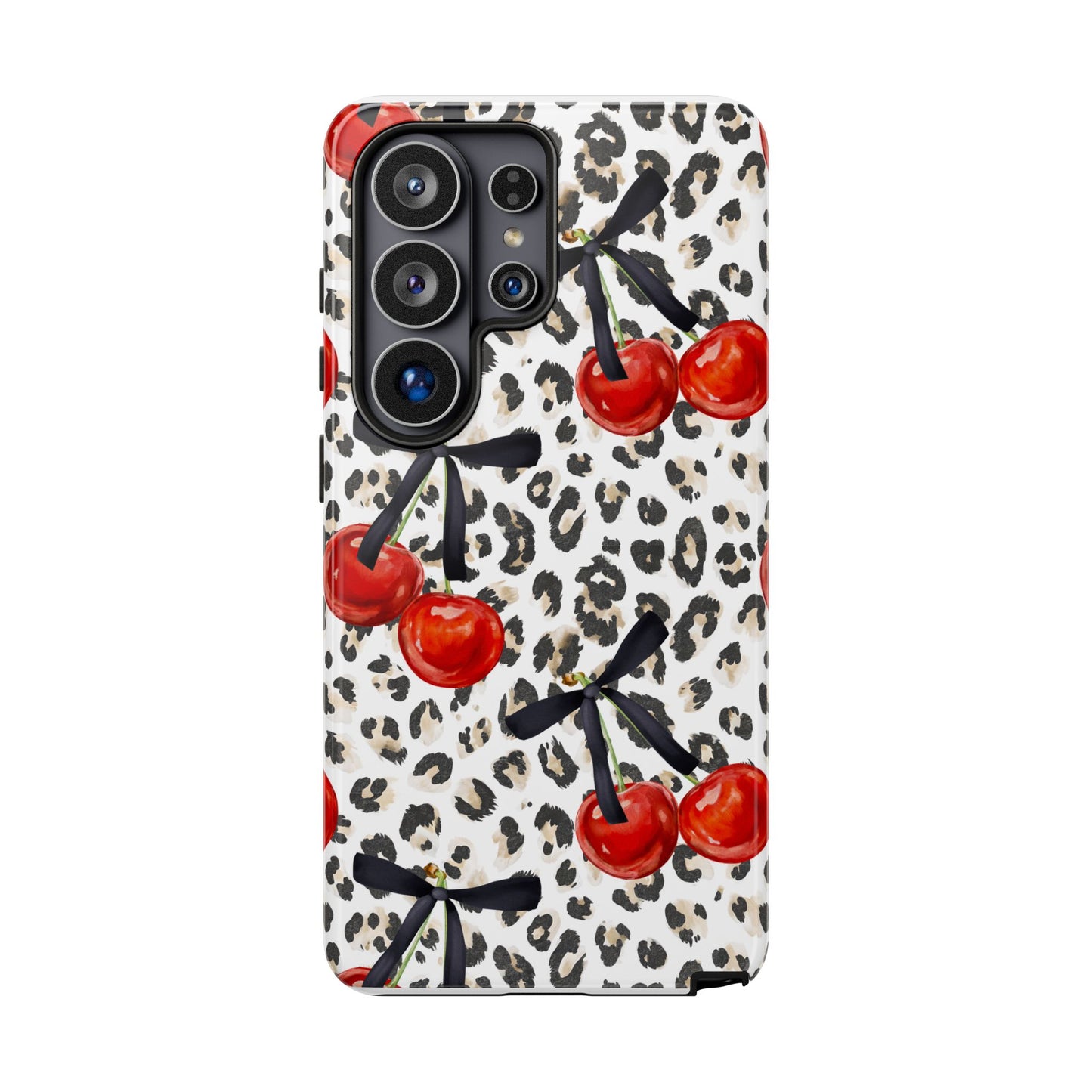 Cherry Leopard Phone Case — Retro Red Cherries on Animal Print Protective Case
