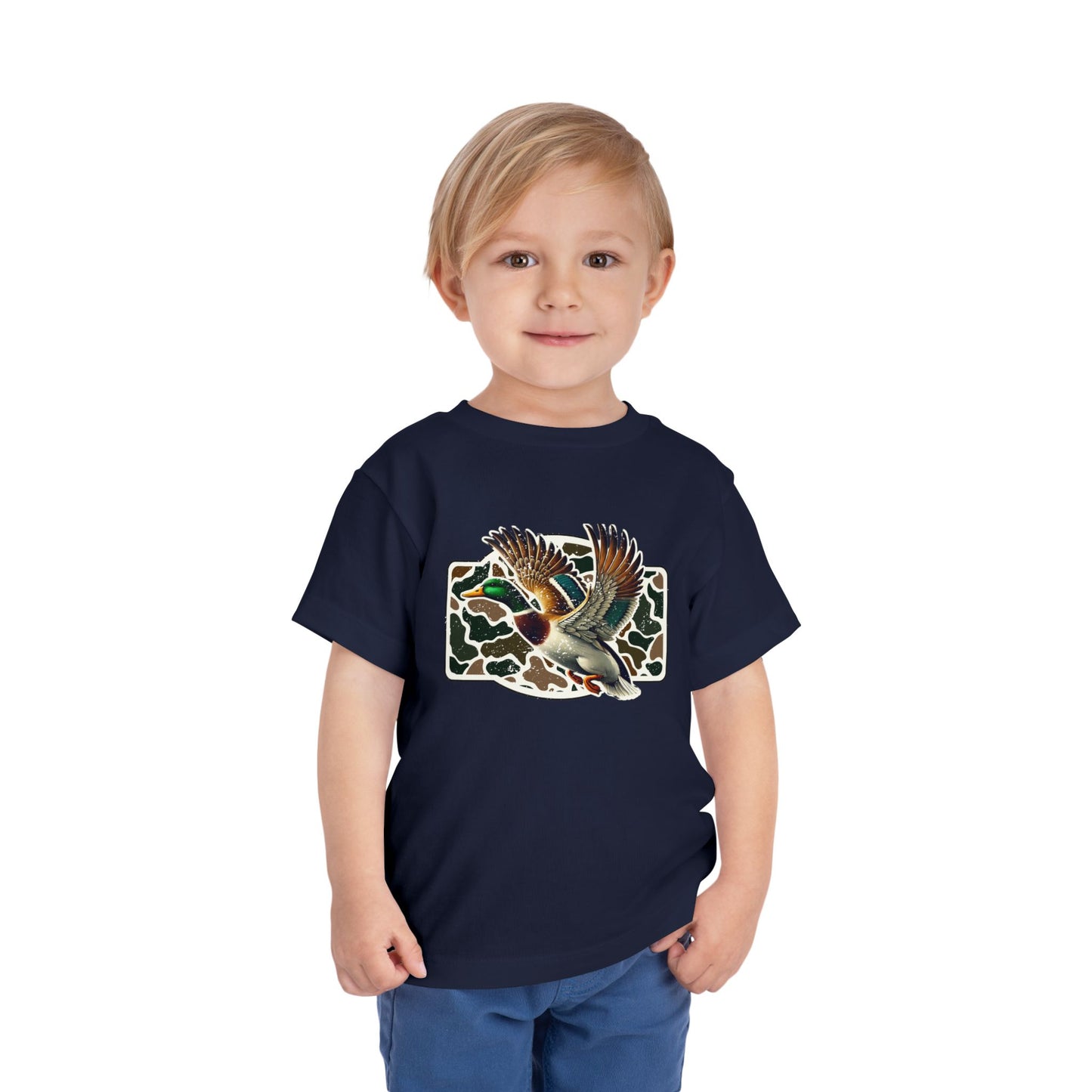 Toddler Tee — Flying Mallard Duck Graphic (Kids Hunting/Camo Outfit)