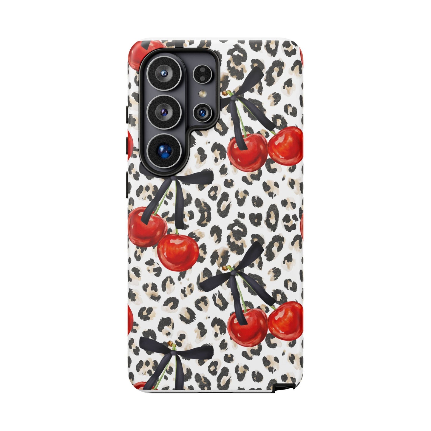 Cherry Leopard Phone Case — Retro Red Cherries on Animal Print Protective Case