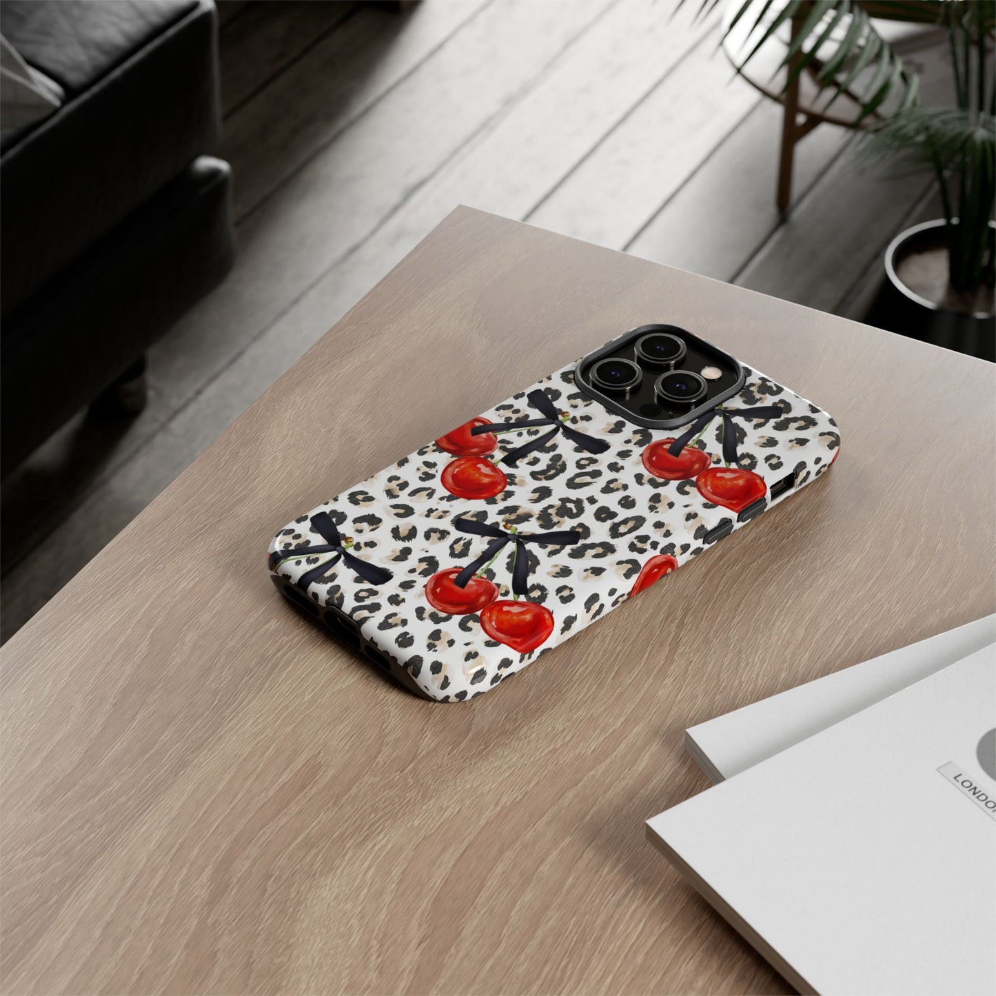 Cherry Leopard Phone Case — Retro Red Cherries on Animal Print Protective Case