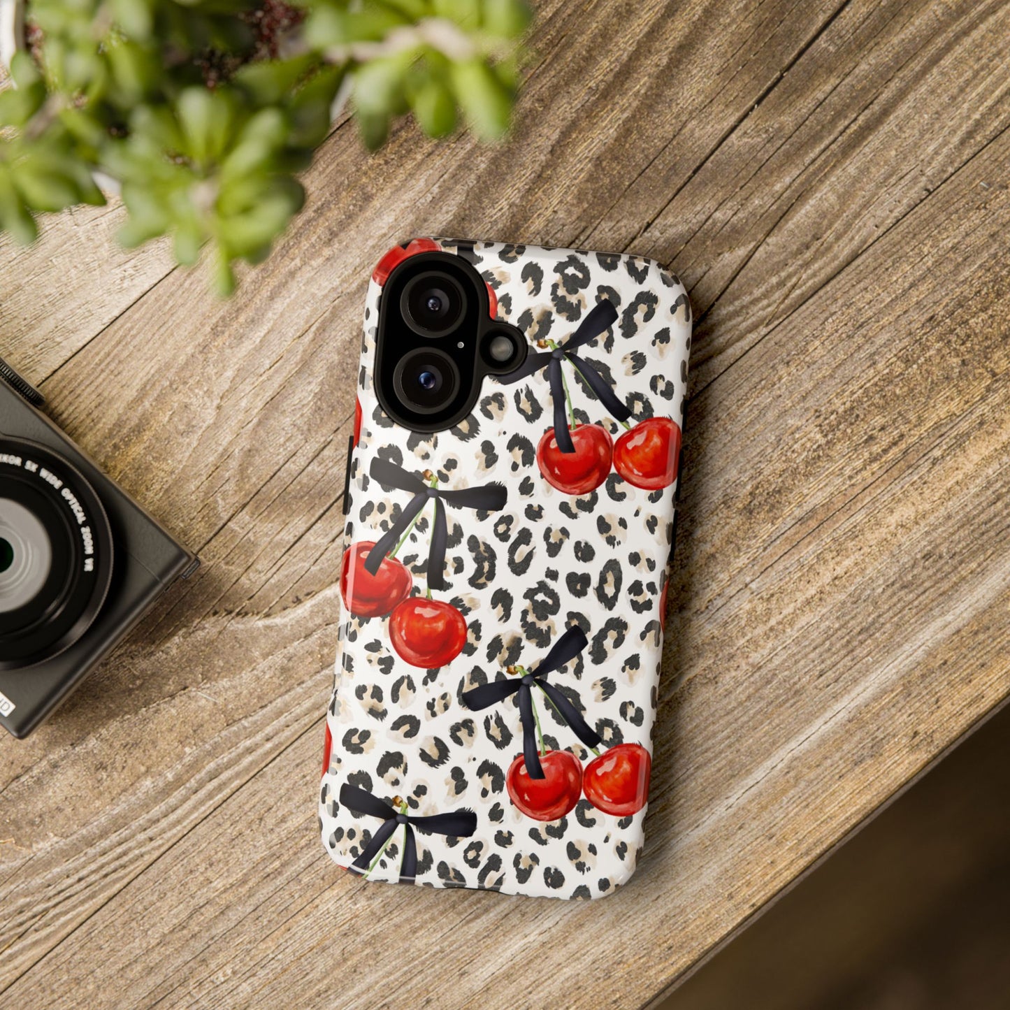 Cherry Leopard Phone Case — Retro Red Cherries on Animal Print Protective Case