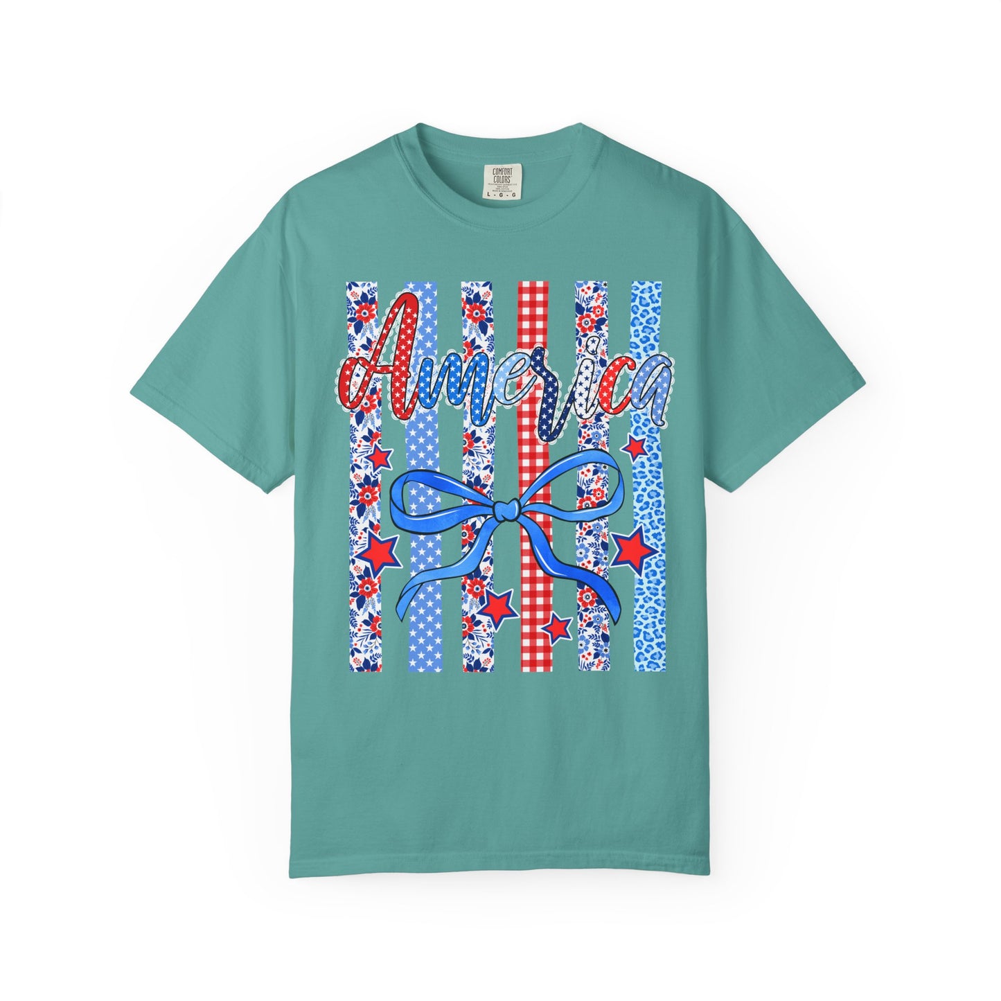 America Patriotic T-Shirt — Red White Blue Stripes & Bow Graphic