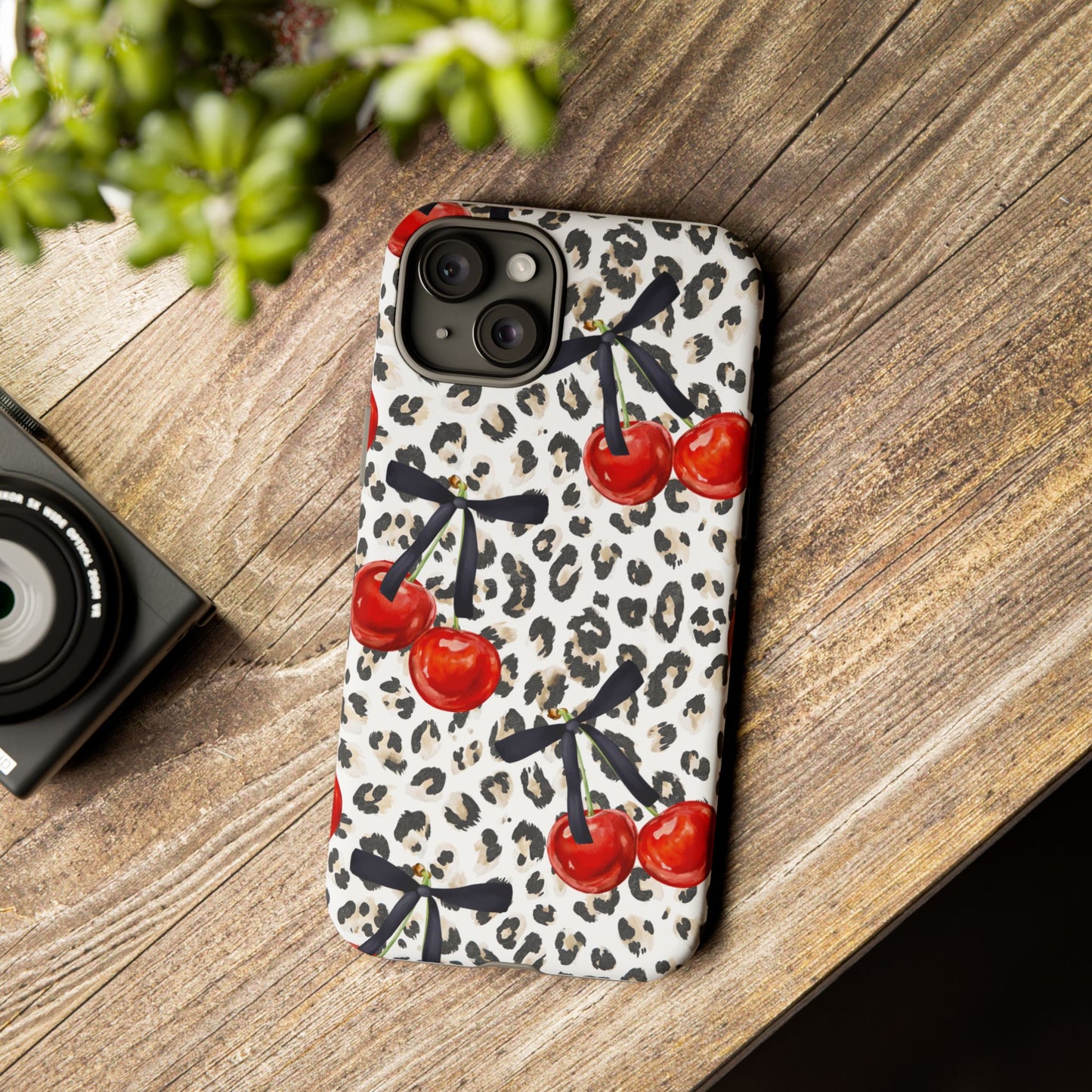 Cherry Leopard Phone Case — Retro Red Cherries on Animal Print Protective Case