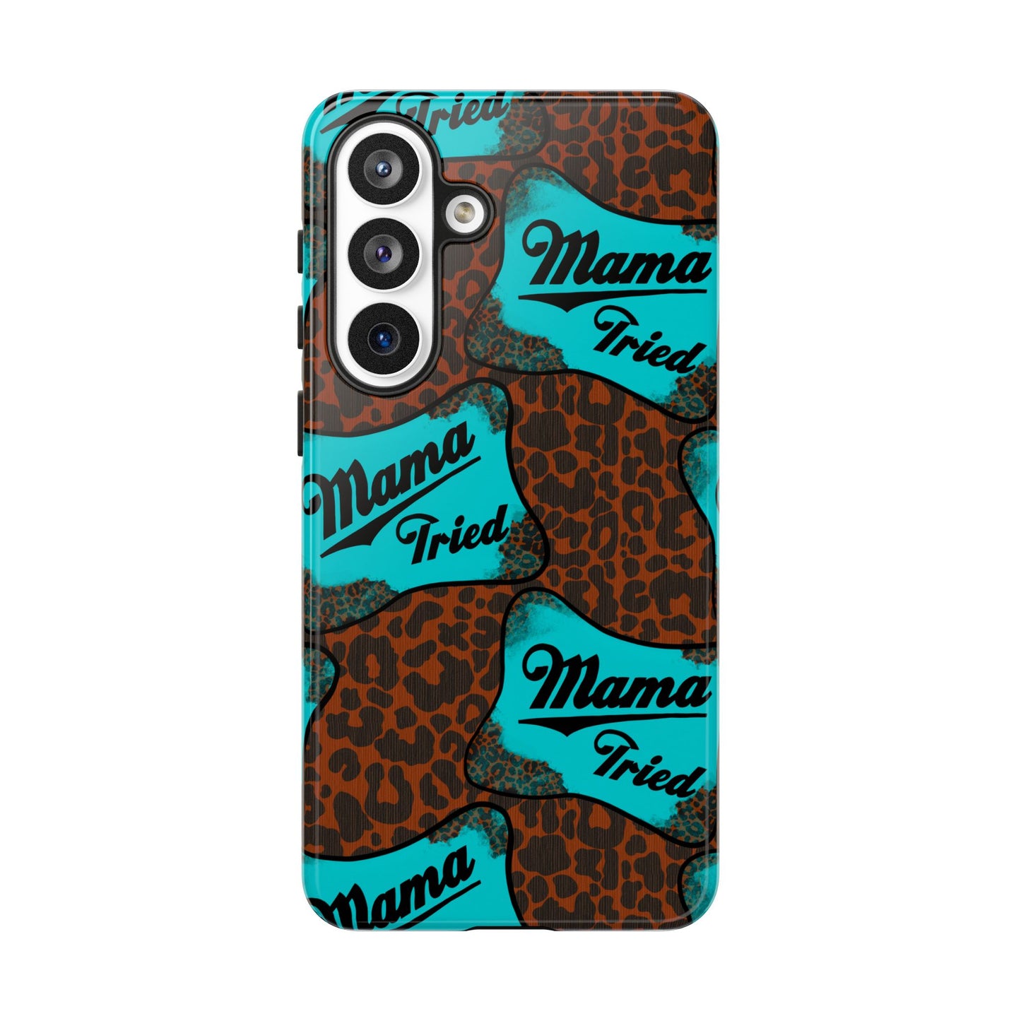 Mama Tried Leopard Print Phone Case — Turquoise Retro Patch Design