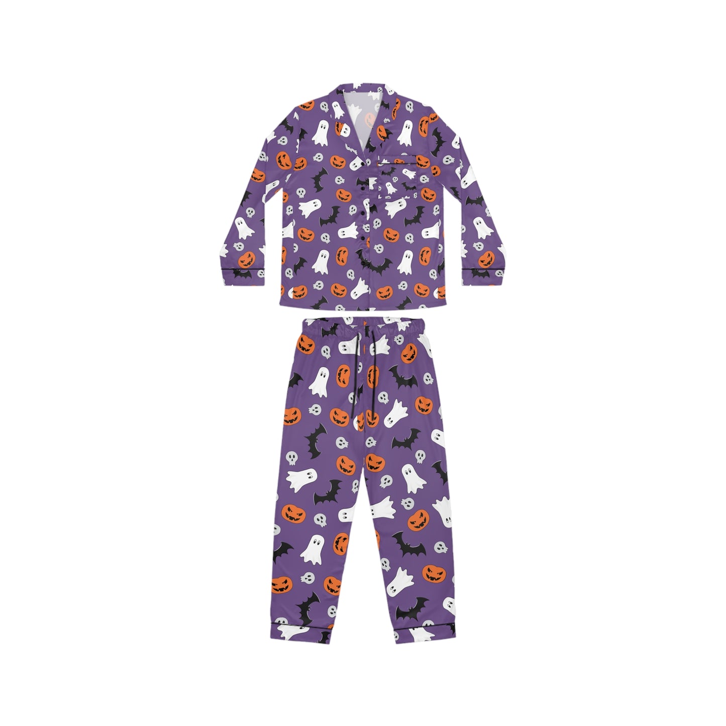 Women's Satin Halloween Pajama Set - Purple Ghost & Pumpkin Print