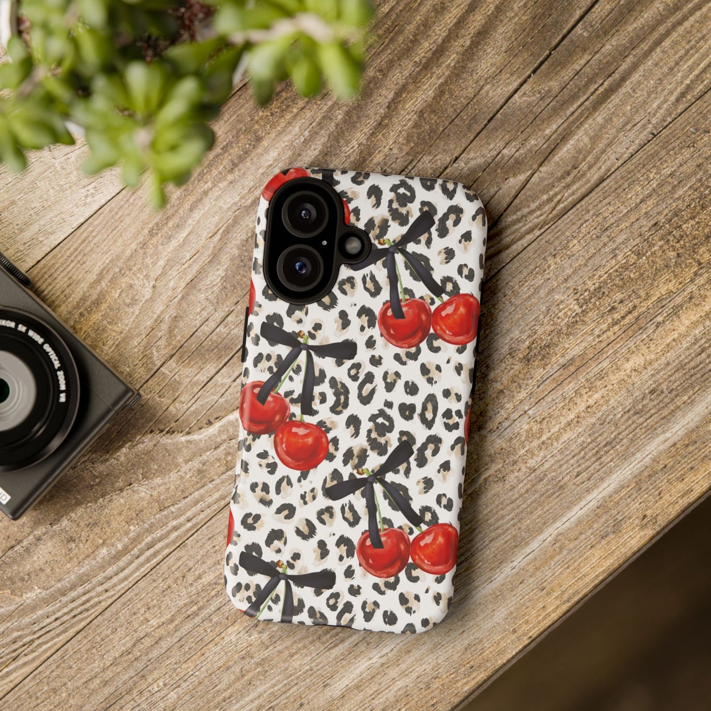 Cherry Leopard Phone Case — Retro Red Cherries on Animal Print Protective Case