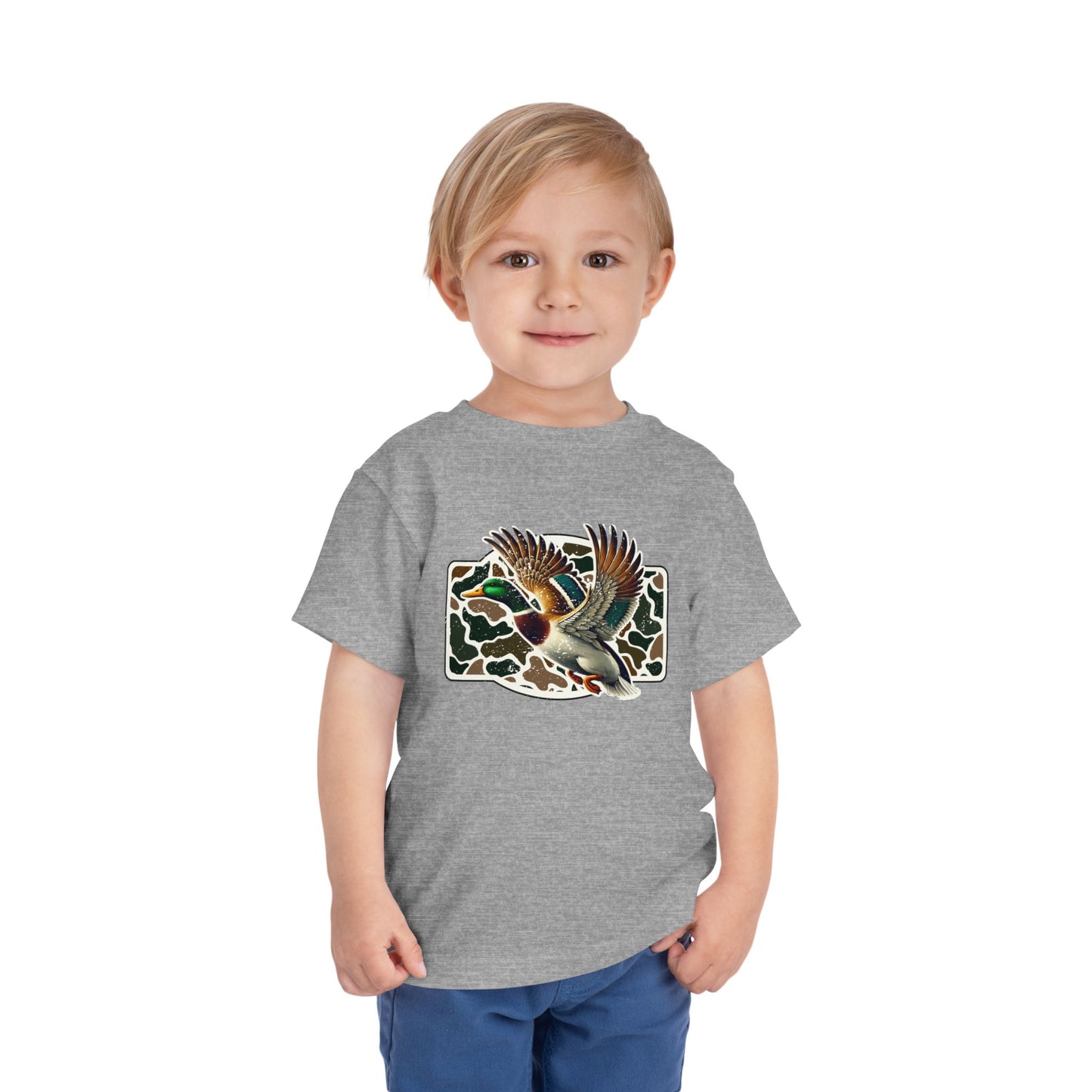 Toddler Tee — Flying Mallard Duck Graphic (Kids Hunting/Camo Outfit)
