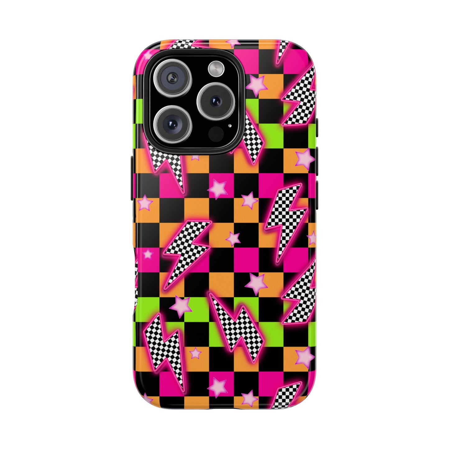 Neon Checkerboard Lightning Retro Pattern