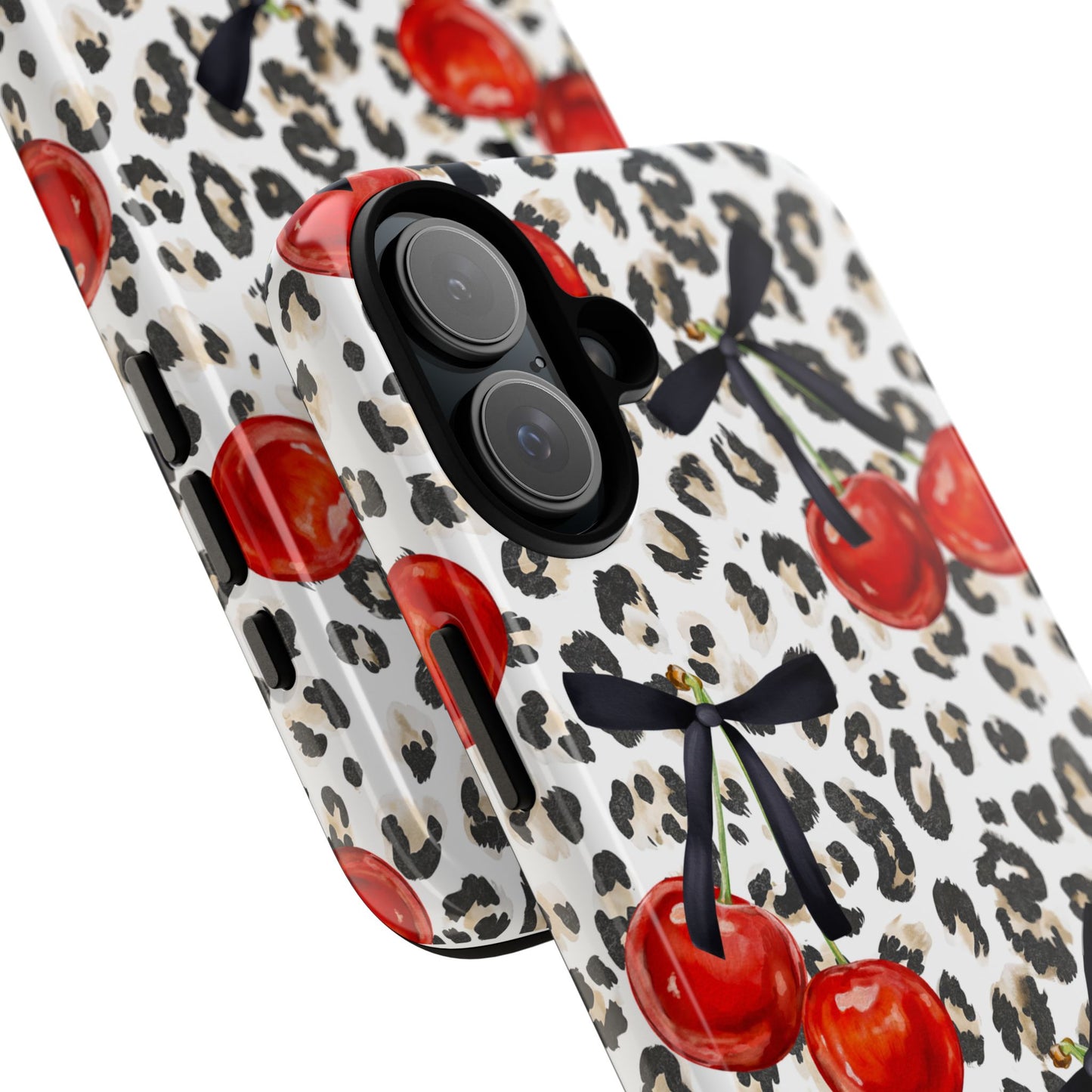 Cherry Leopard Phone Case — Retro Red Cherries on Animal Print Protective Case