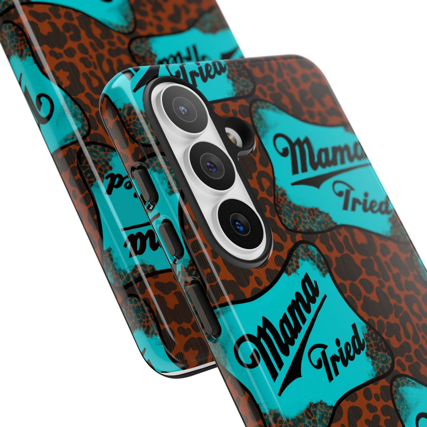 Mama Tried Leopard Print Phone Case — Turquoise Retro Patch Design