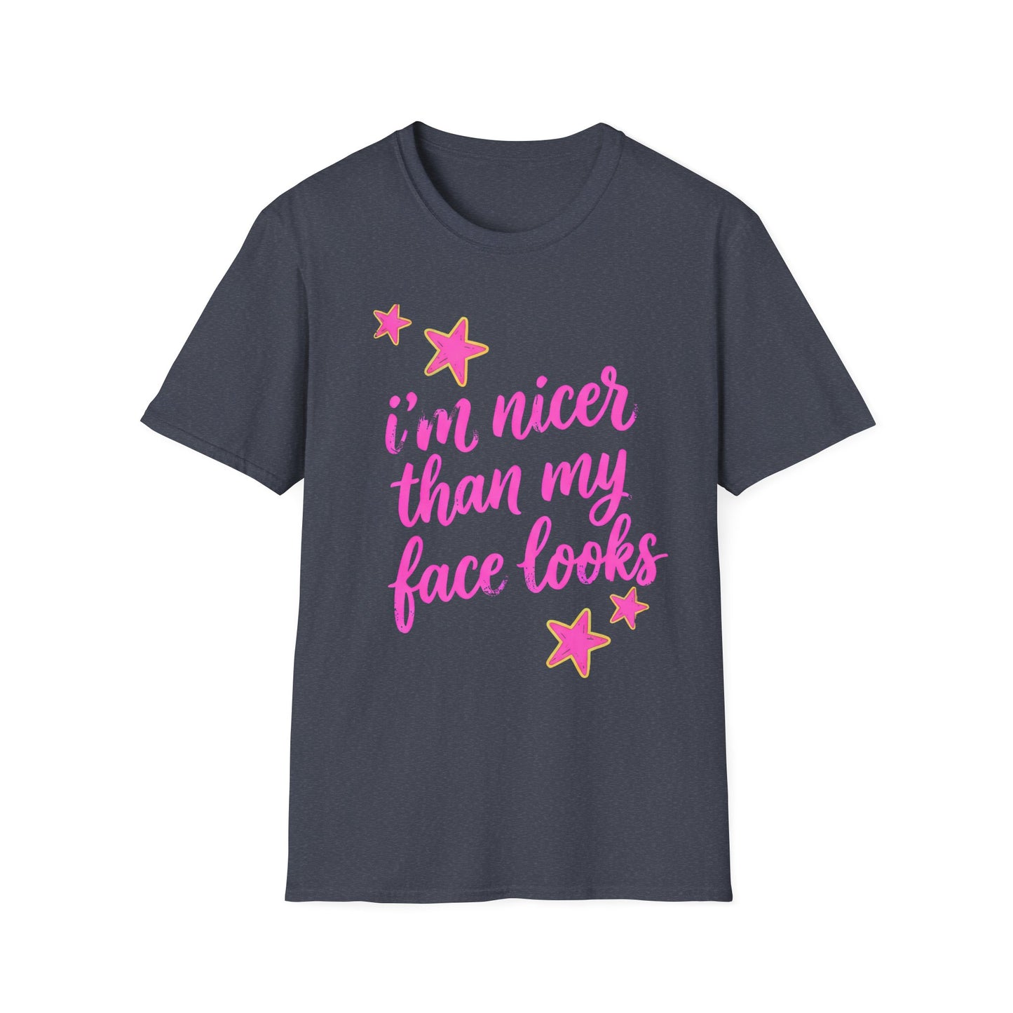 “I’m Nicer Than My Face Looks” Pink Script Graphic Tee
