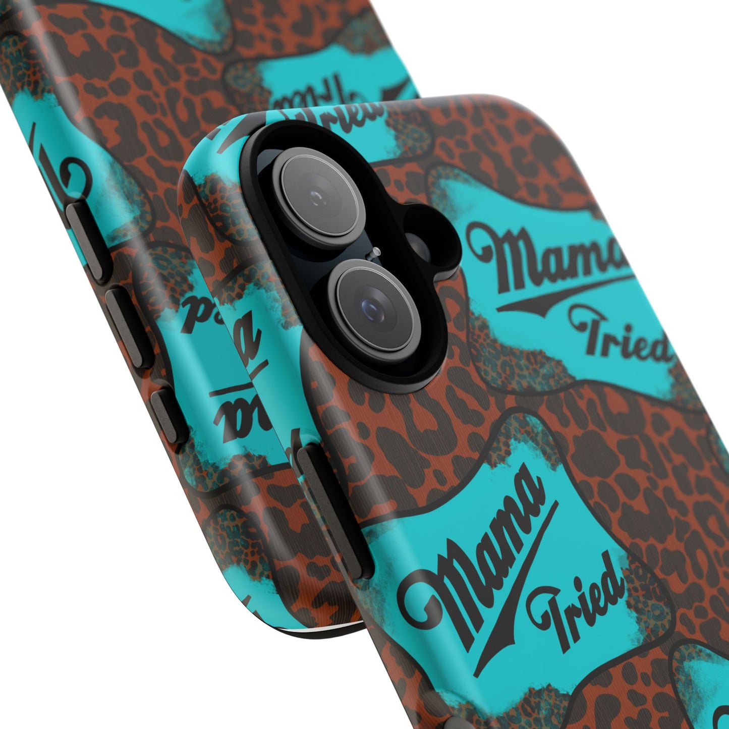 Mama Tried Leopard Print Phone Case — Turquoise Retro Patch Design