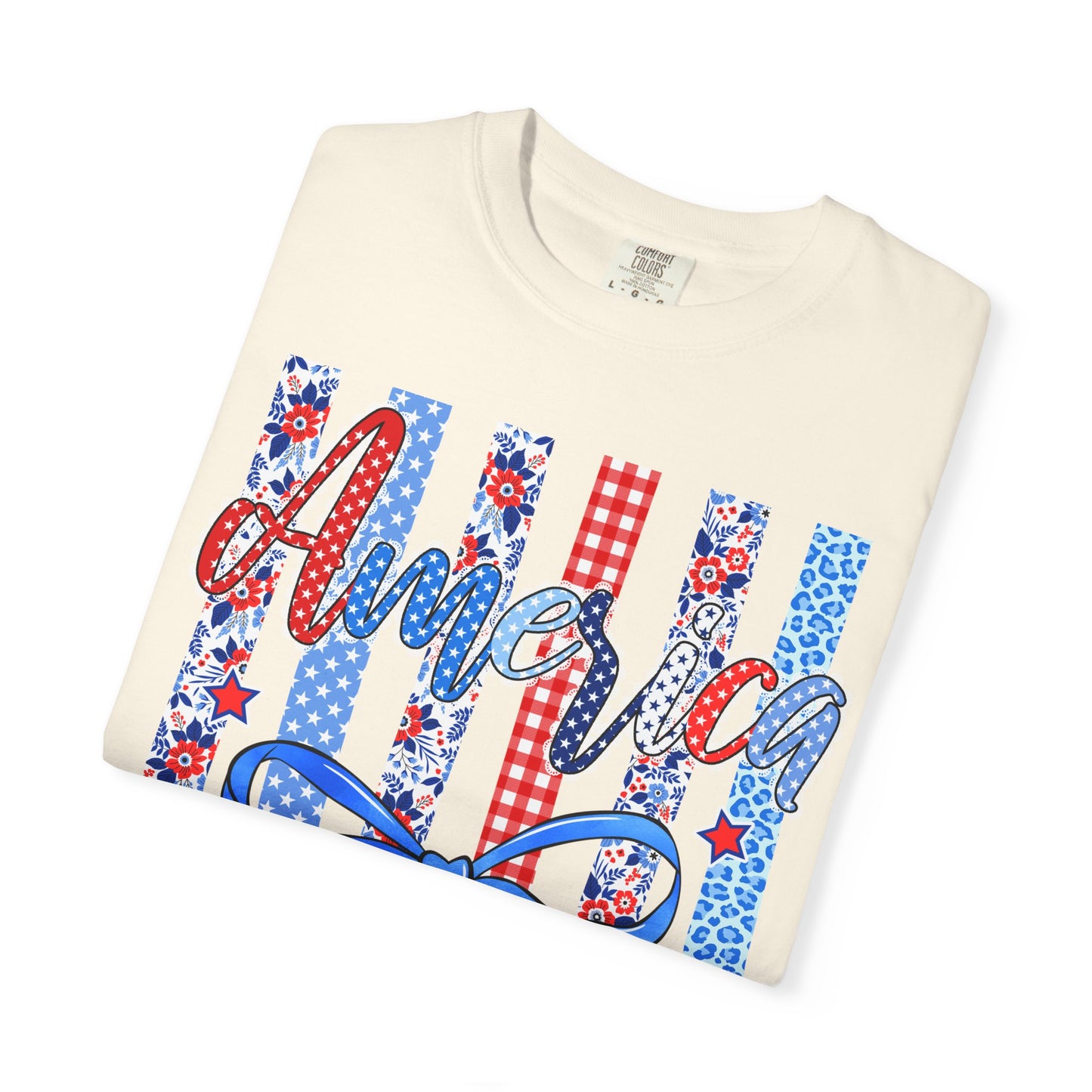America Patriotic T-Shirt — Red White Blue Stripes & Bow Graphic