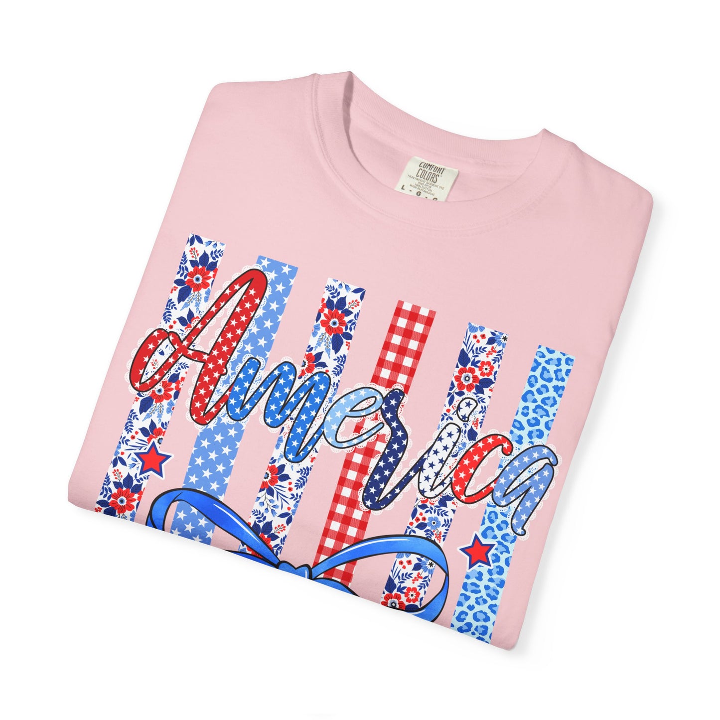 America Patriotic T-Shirt — Red White Blue Stripes & Bow Graphic