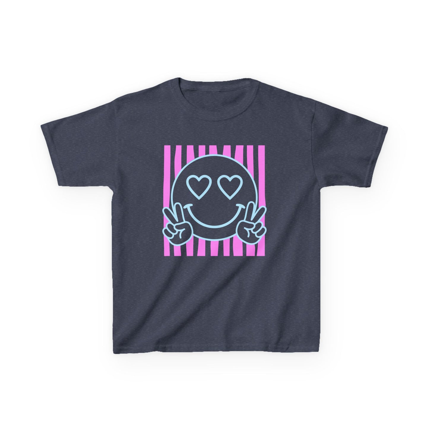 Kids T‑Shirt Heart Eyes Smiley with Peace Sign (Pink Stripes)
