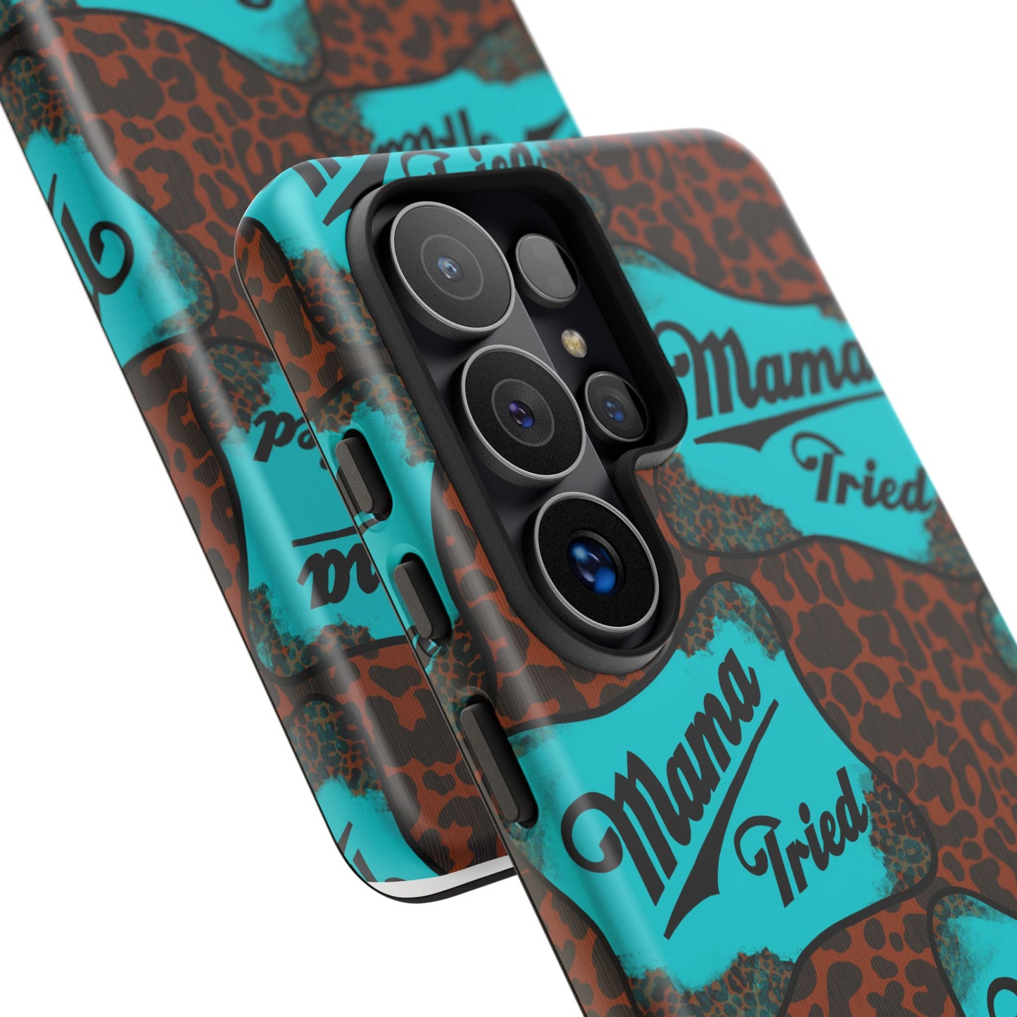 Mama Tried Leopard Print Phone Case — Turquoise Retro Patch Design