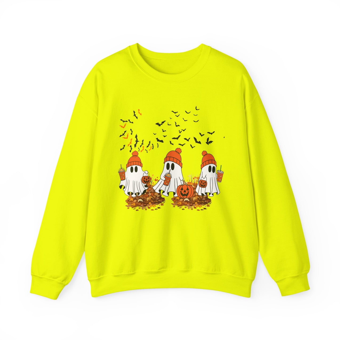 Cozy Ghosts Fall Sweatshirt — Cute Halloween Ghosts with Pumpkins & Leaves