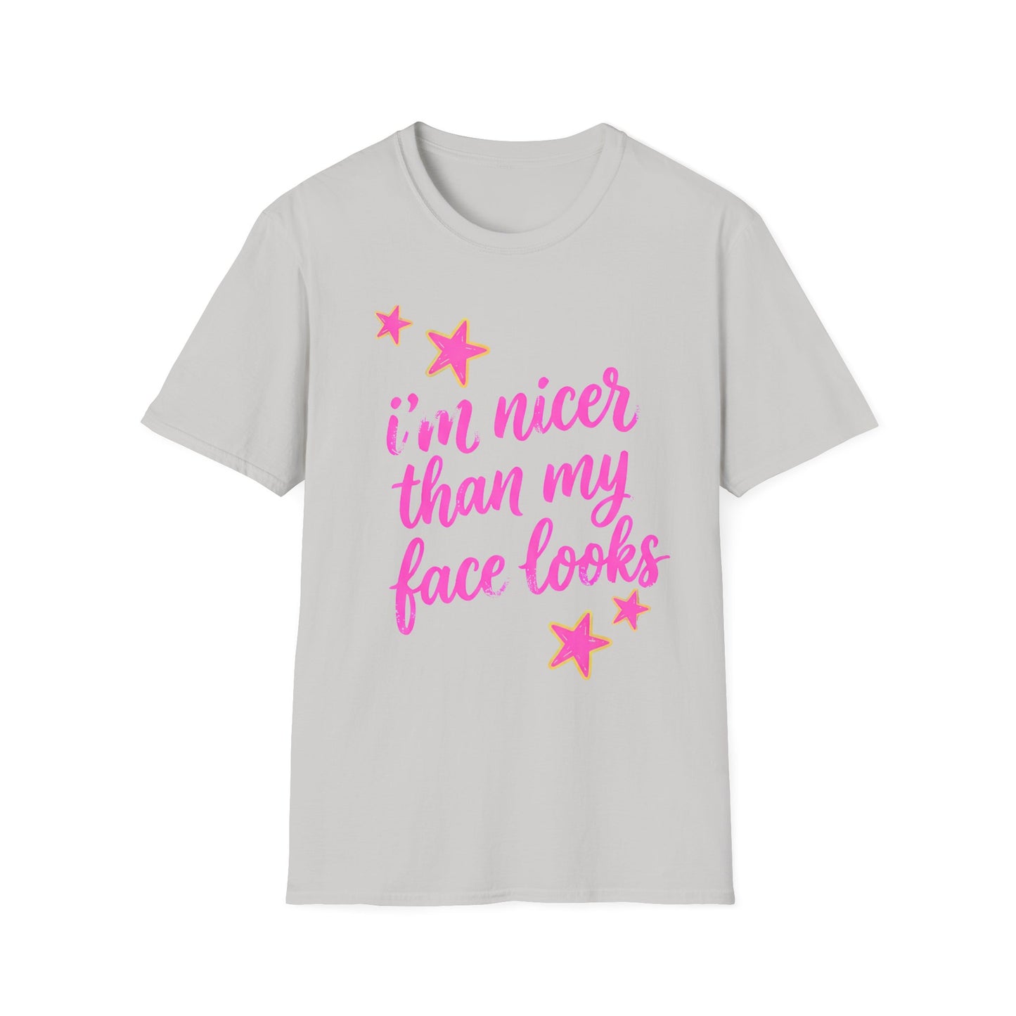 “I’m Nicer Than My Face Looks” Pink Script Graphic Tee