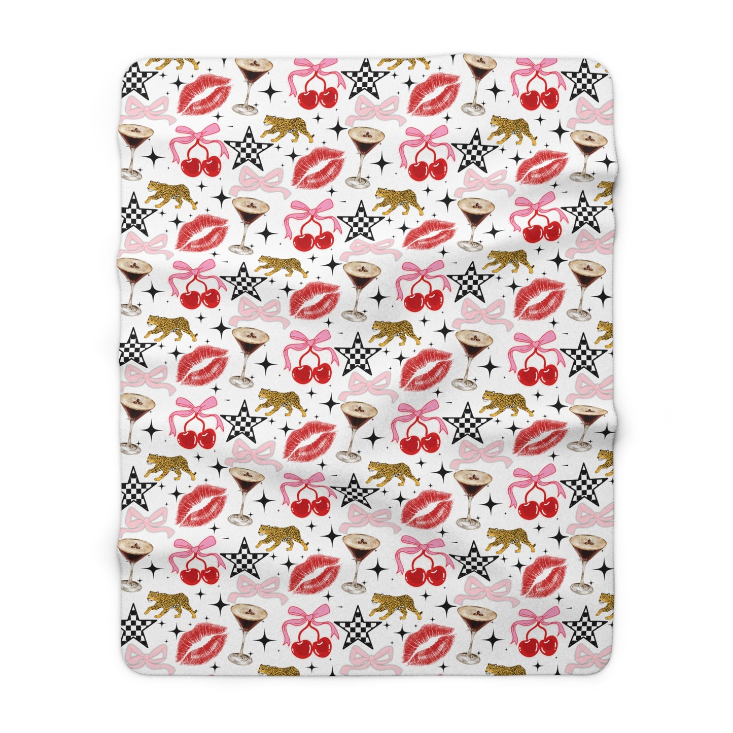 Sherpa Throw Blanket — Retro Lipstick, Cherries & Cocktail Pattern Cozy Fleece