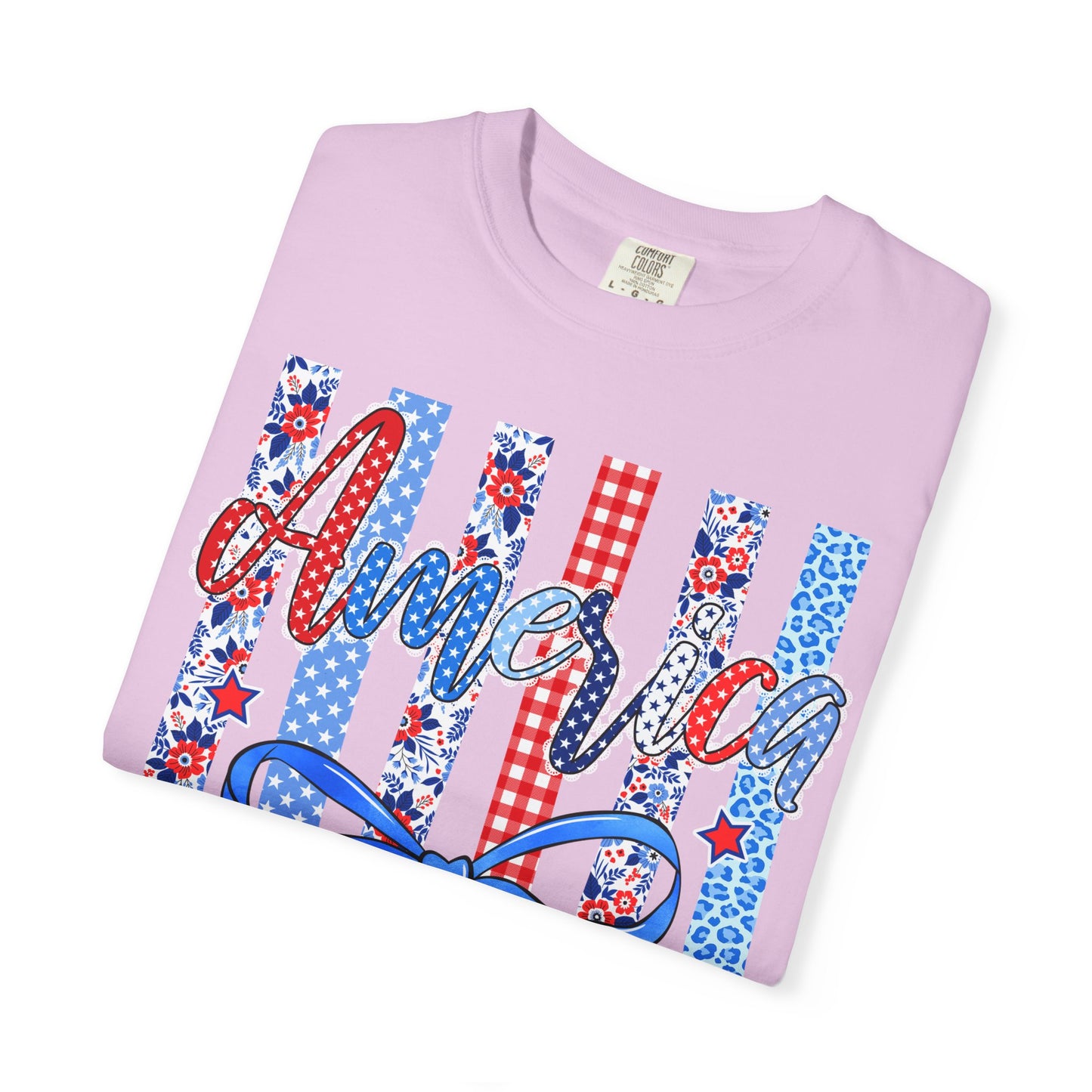 America Patriotic T-Shirt — Red White Blue Stripes & Bow Graphic