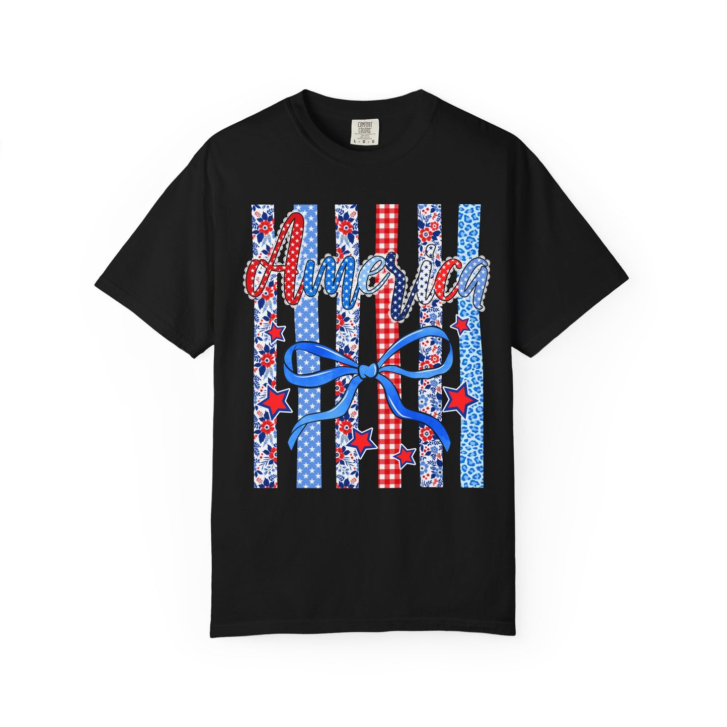 America Patriotic T-Shirt — Red White Blue Stripes & Bow Graphic