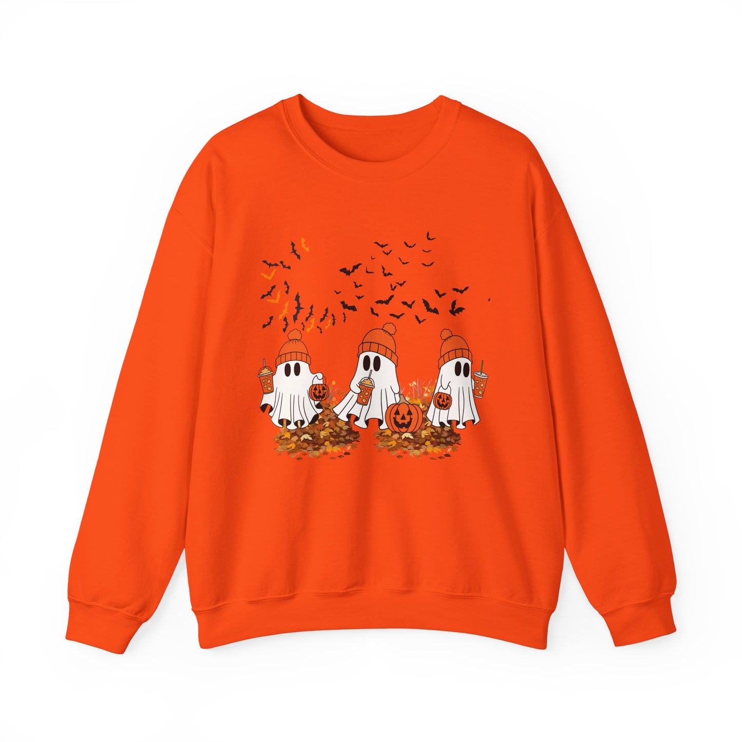 Cozy Ghosts Fall Sweatshirt — Cute Halloween Ghosts with Pumpkins & Leaves