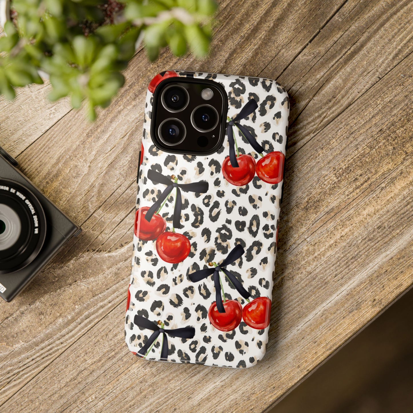 Cherry Leopard Phone Case — Retro Red Cherries on Animal Print Protective Case
