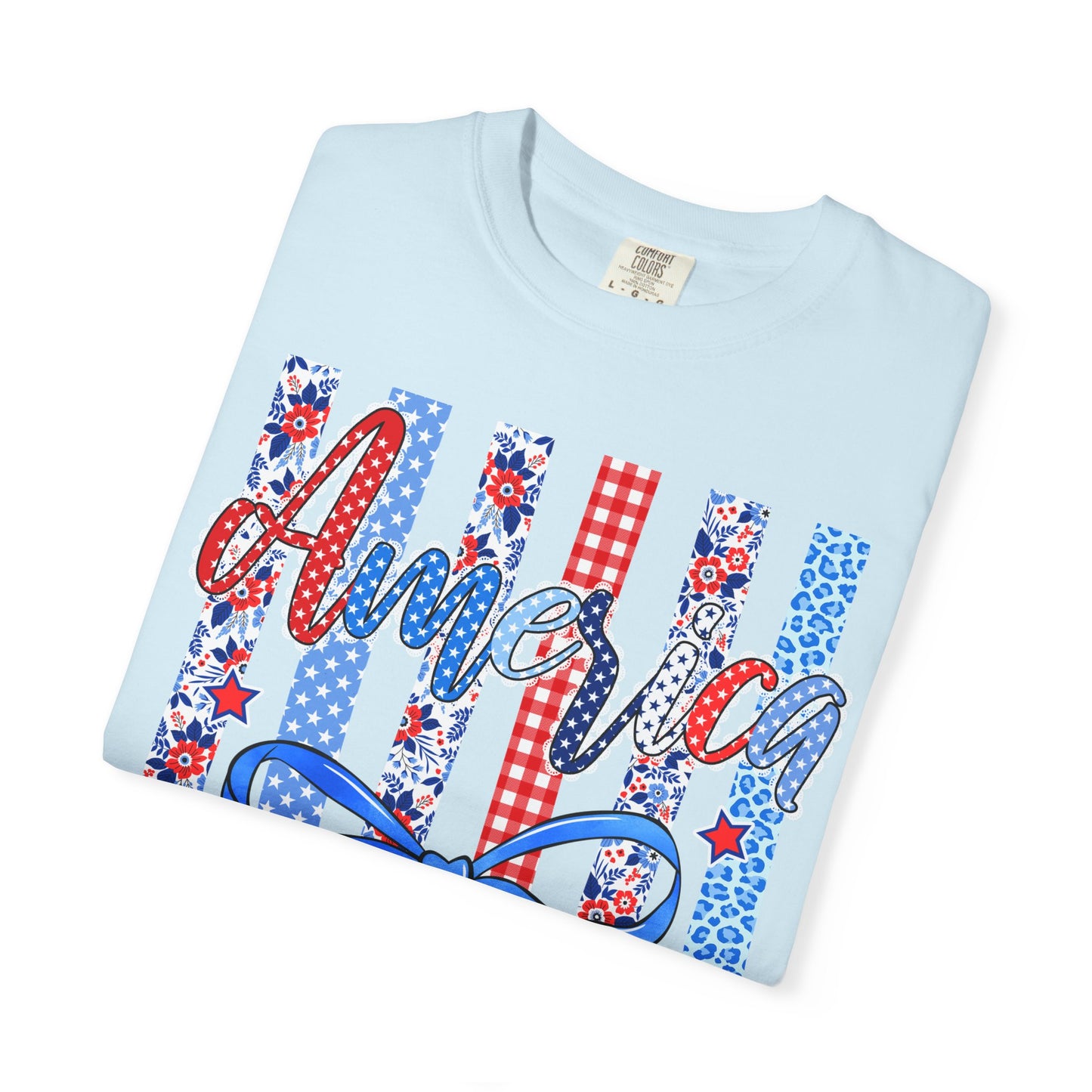 America Patriotic T-Shirt — Red White Blue Stripes & Bow Graphic