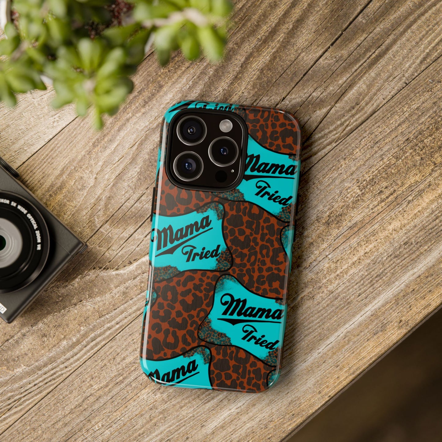 Mama Tried Leopard Print Phone Case — Turquoise Retro Patch Design