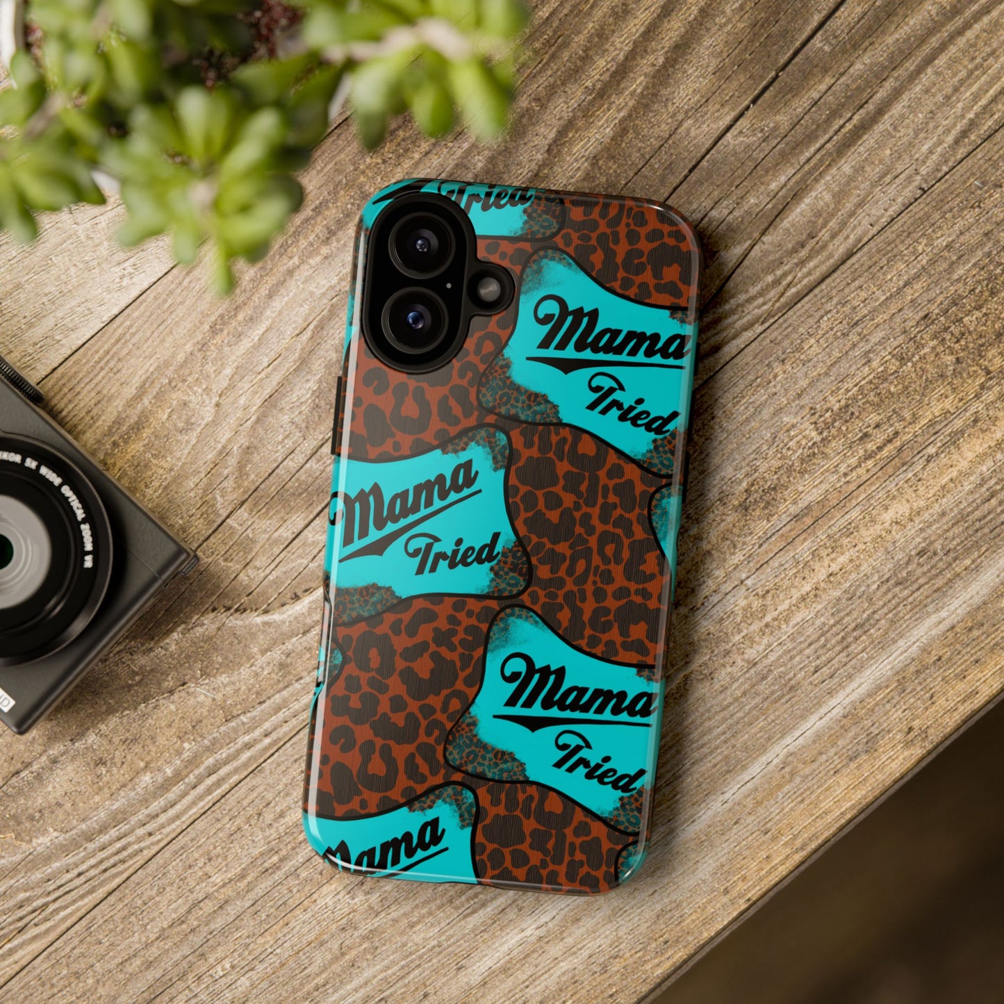 Mama Tried Leopard Print Phone Case — Turquoise Retro Patch Design