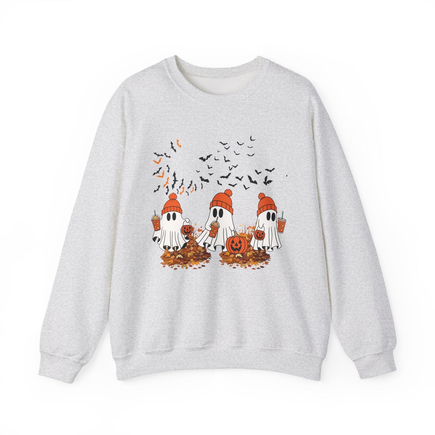 Cozy Ghosts Fall Sweatshirt — Cute Halloween Ghosts with Pumpkins & Leaves