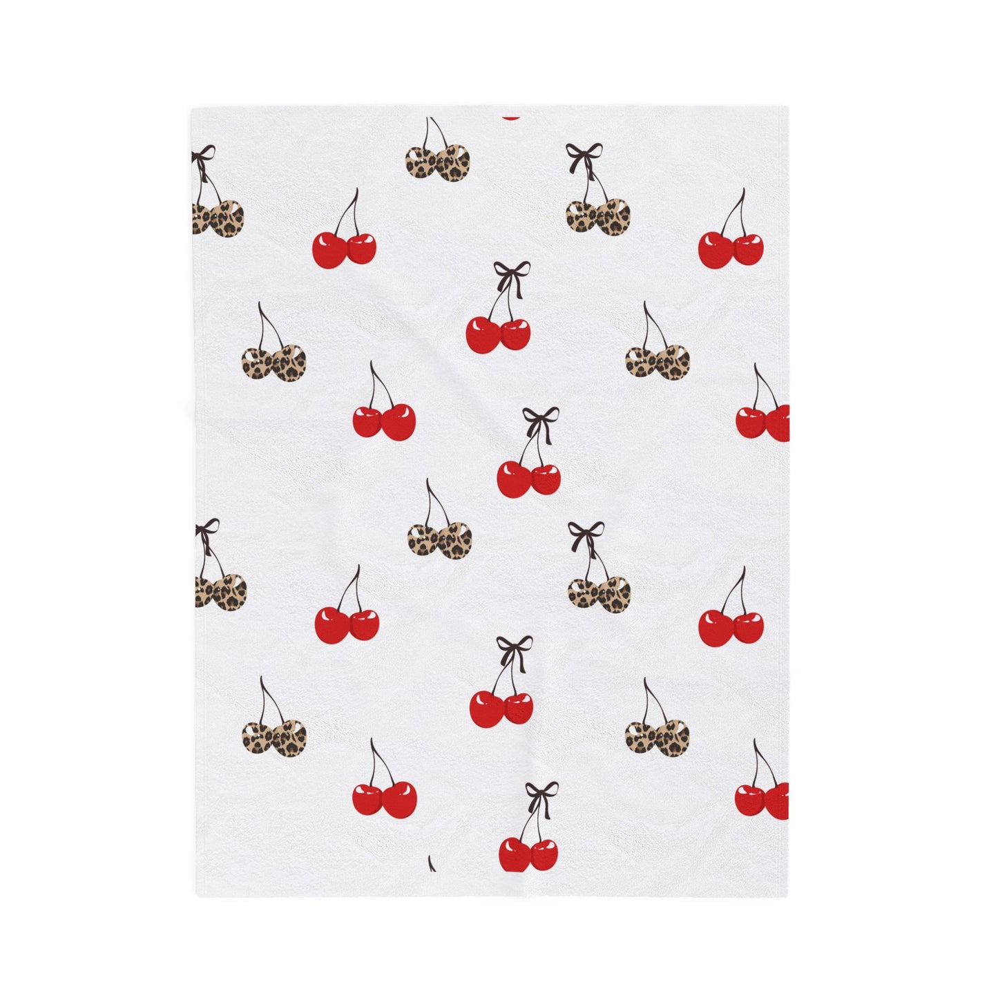 Cherry Print Velveteen Plush Blanket – Red & Leopard Cherries Cozy Throw