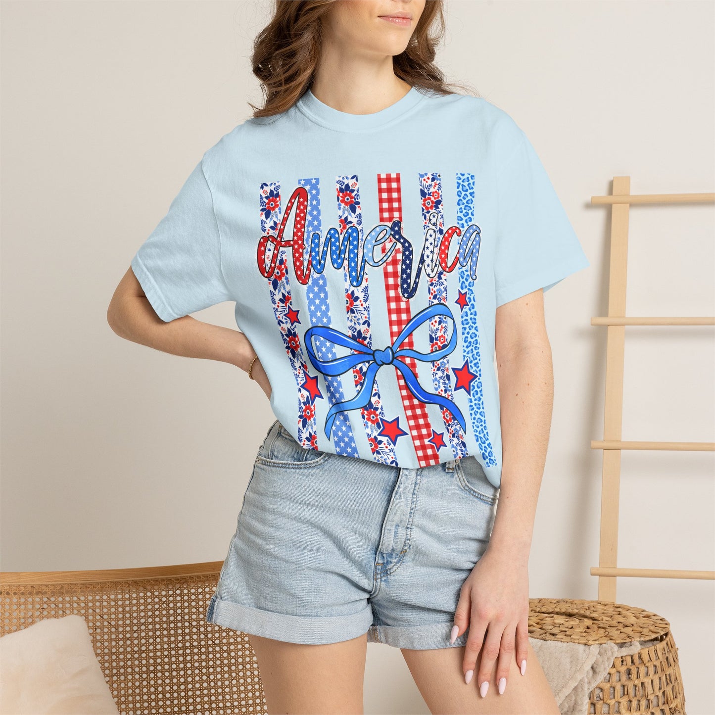 America Patriotic T-Shirt — Red White Blue Stripes & Bow Graphic