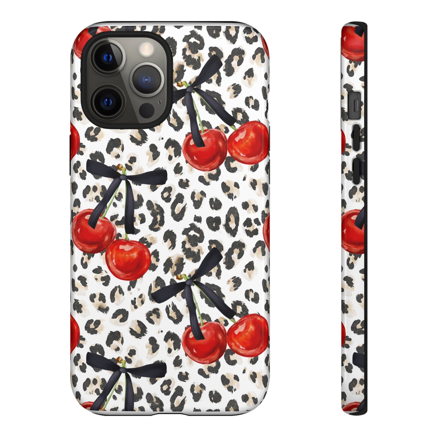 Cherry Leopard Phone Case — Retro Red Cherries on Animal Print Protective Case