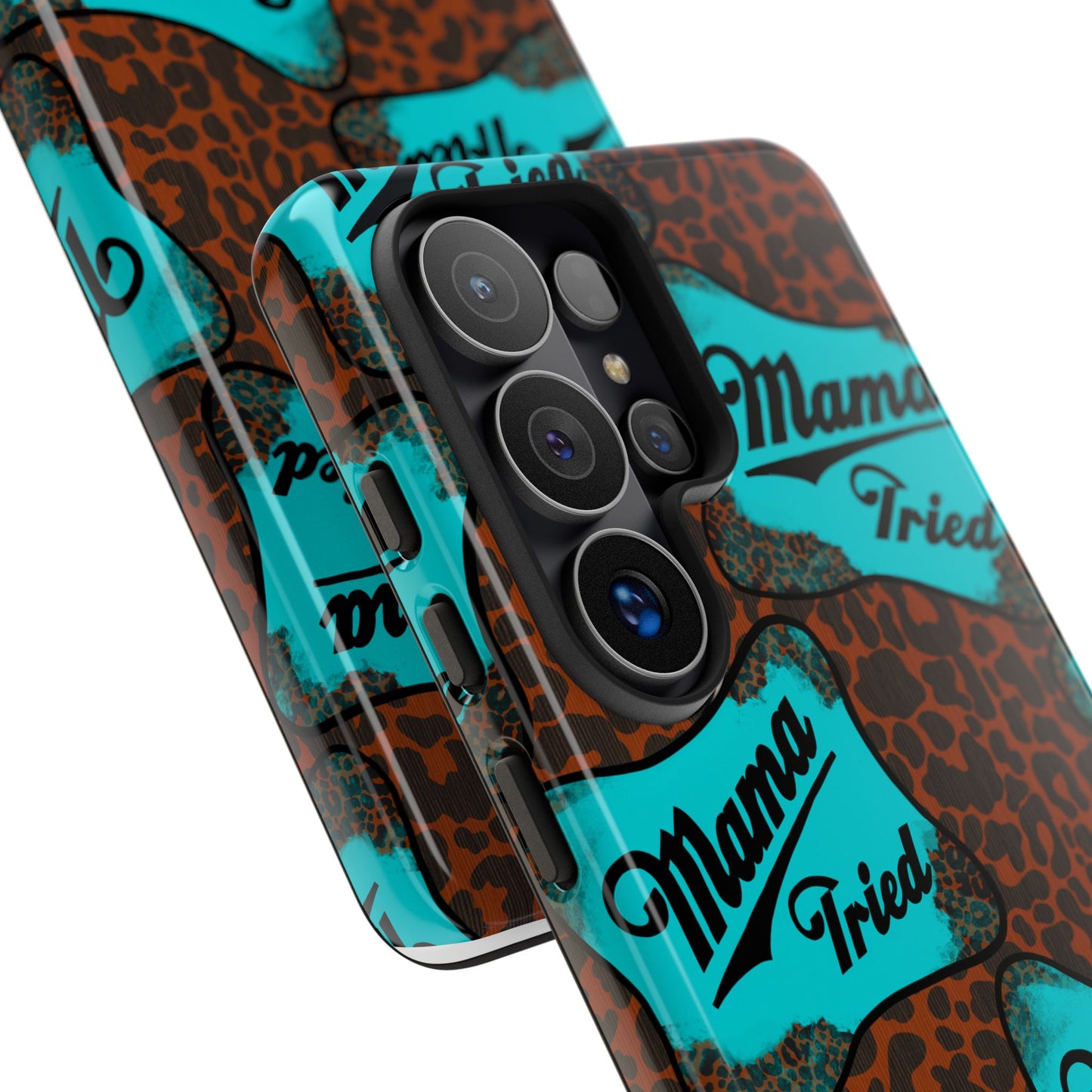 Mama Tried Leopard Print Phone Case — Turquoise Retro Patch Design