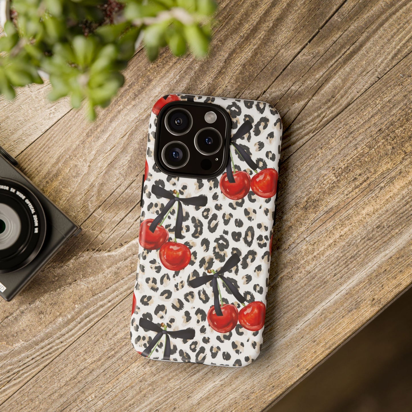 Cherry Leopard Phone Case — Retro Red Cherries on Animal Print Protective Case