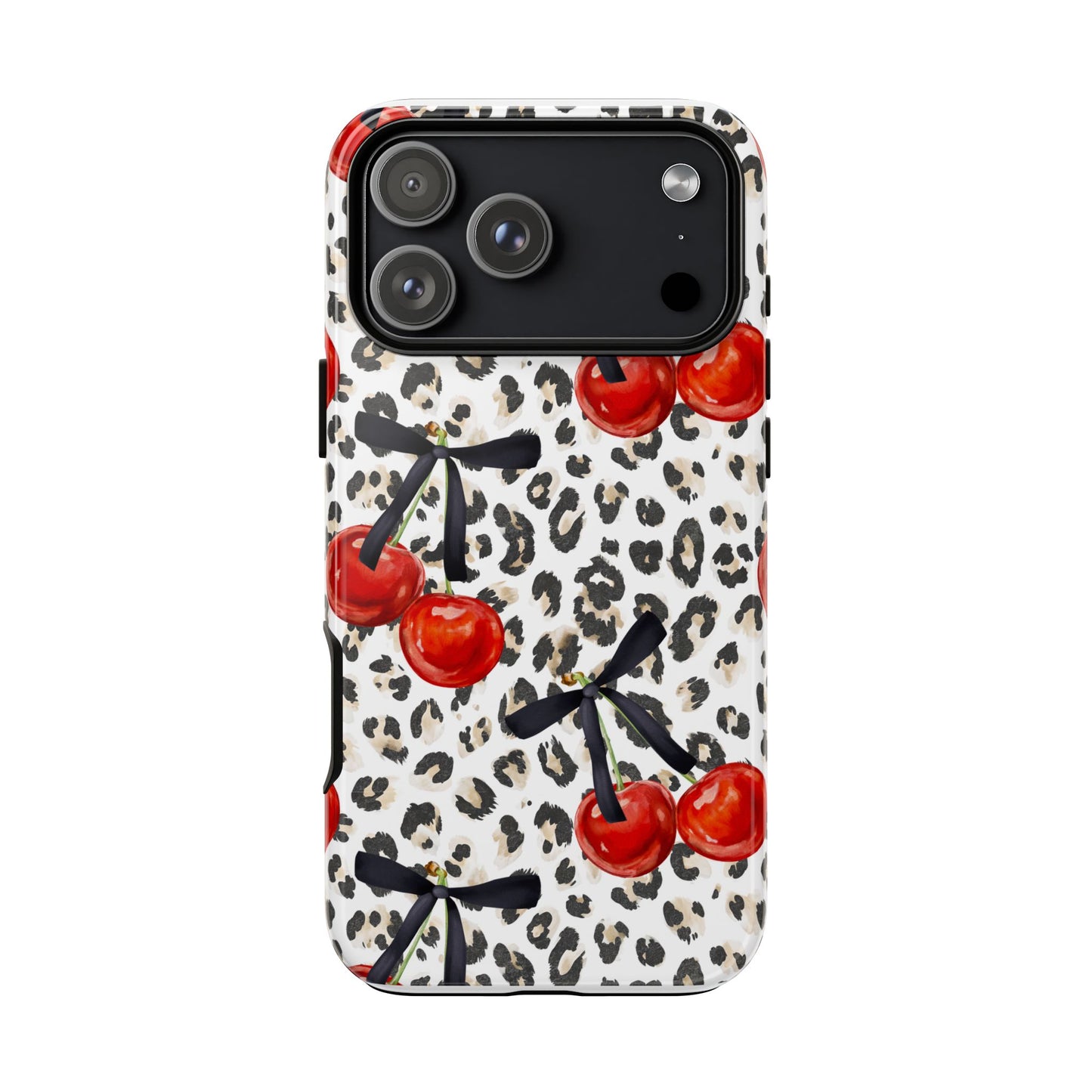 Cherry Leopard Phone Case — Retro Red Cherries on Animal Print Protective Case