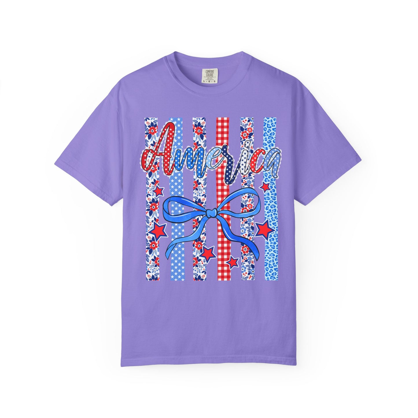 America Patriotic T-Shirt — Red White Blue Stripes & Bow Graphic