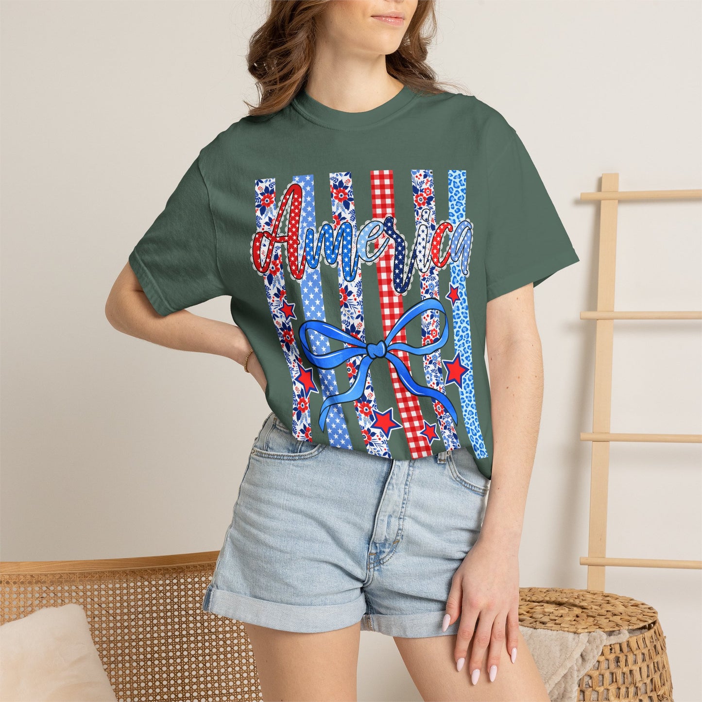 America Patriotic T-Shirt — Red White Blue Stripes & Bow Graphic
