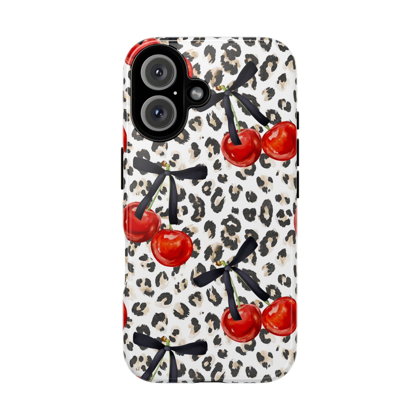 Cherry Leopard Phone Case — Retro Red Cherries on Animal Print Protective Case