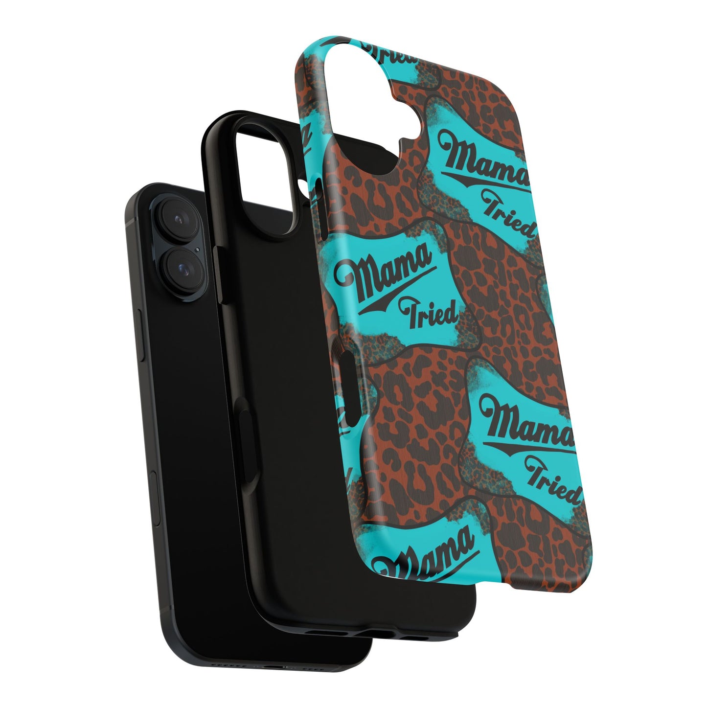 Mama Tried Leopard Print Phone Case — Turquoise Retro Patch Design