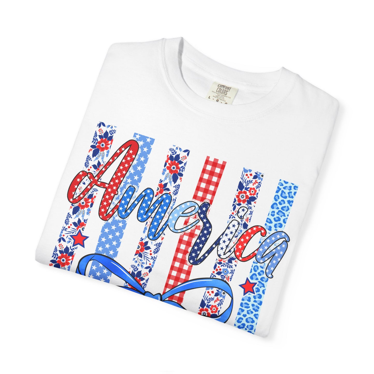 America Patriotic T-Shirt — Red White Blue Stripes & Bow Graphic