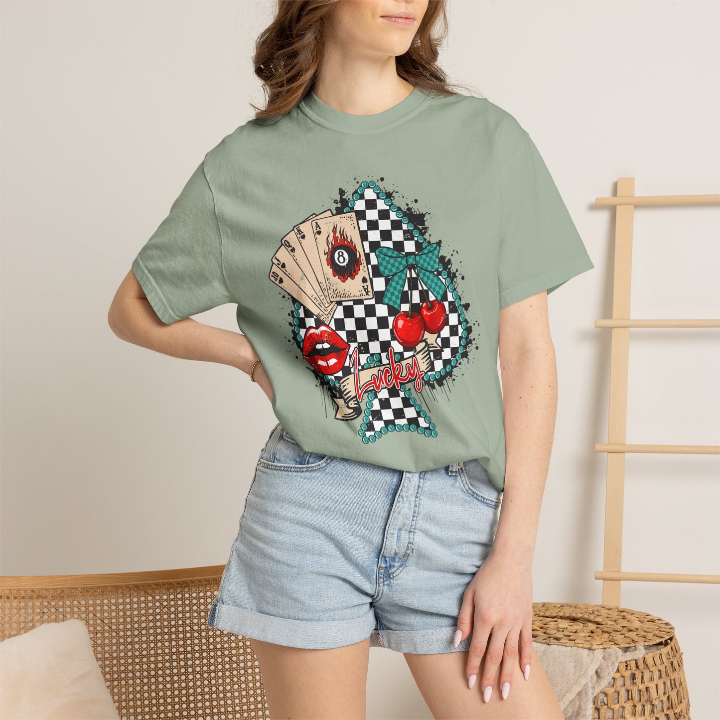 Retro Checkerboard Cherry & Cards Graphic Tee